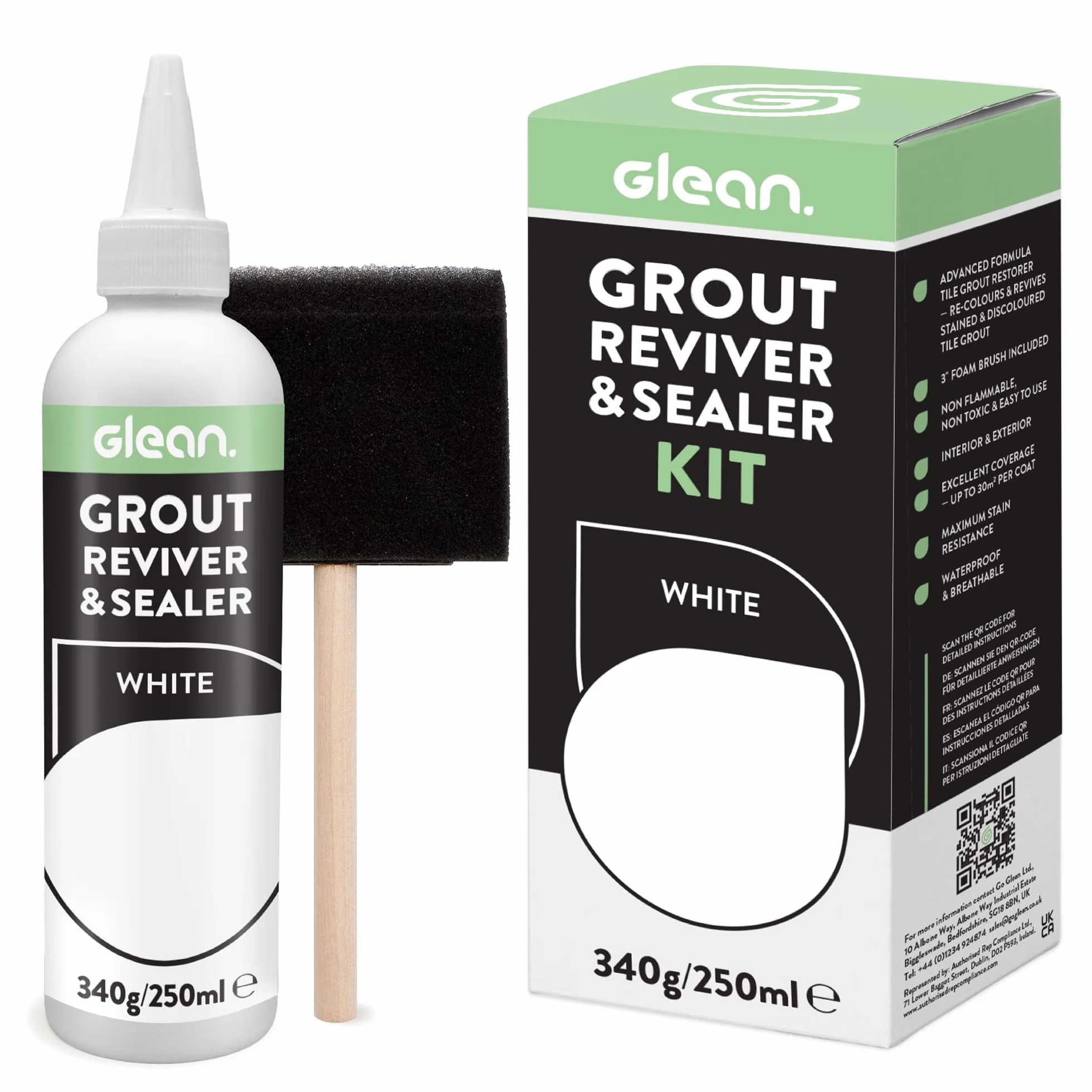 GLEAN Reviver y Sellador de Lechada | Blanco | 340 g | Restaura, Repara, Renueva Azulejos | Incluye Cepillo de Espuma | Resistente a las Manchas y Transpirable