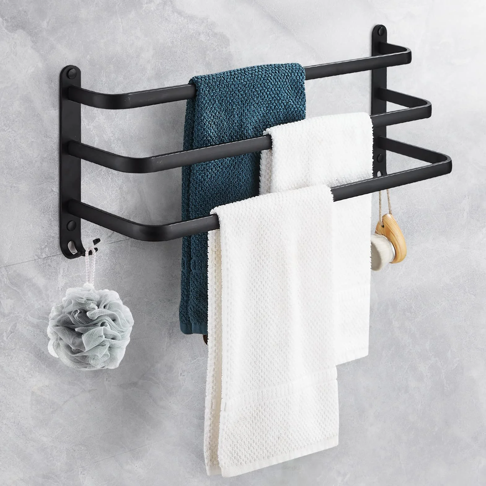 Toallero negro sin taladrar, toallero autoadhesivo de aluminio, toallero de pared de 3 pisos con ganchos, resistente al agua Rust toalla de baño para baño o cocina