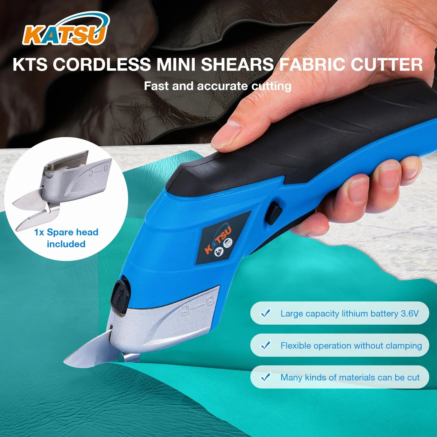 KATSU Tools Tijeras para Tela Eléctrica 3,6V Cortador de Tela Inalámbrica Ecargables con 2 Cabezas de Corte de Aleación de Acero, para Papel Cartulina Cuero Alfombra