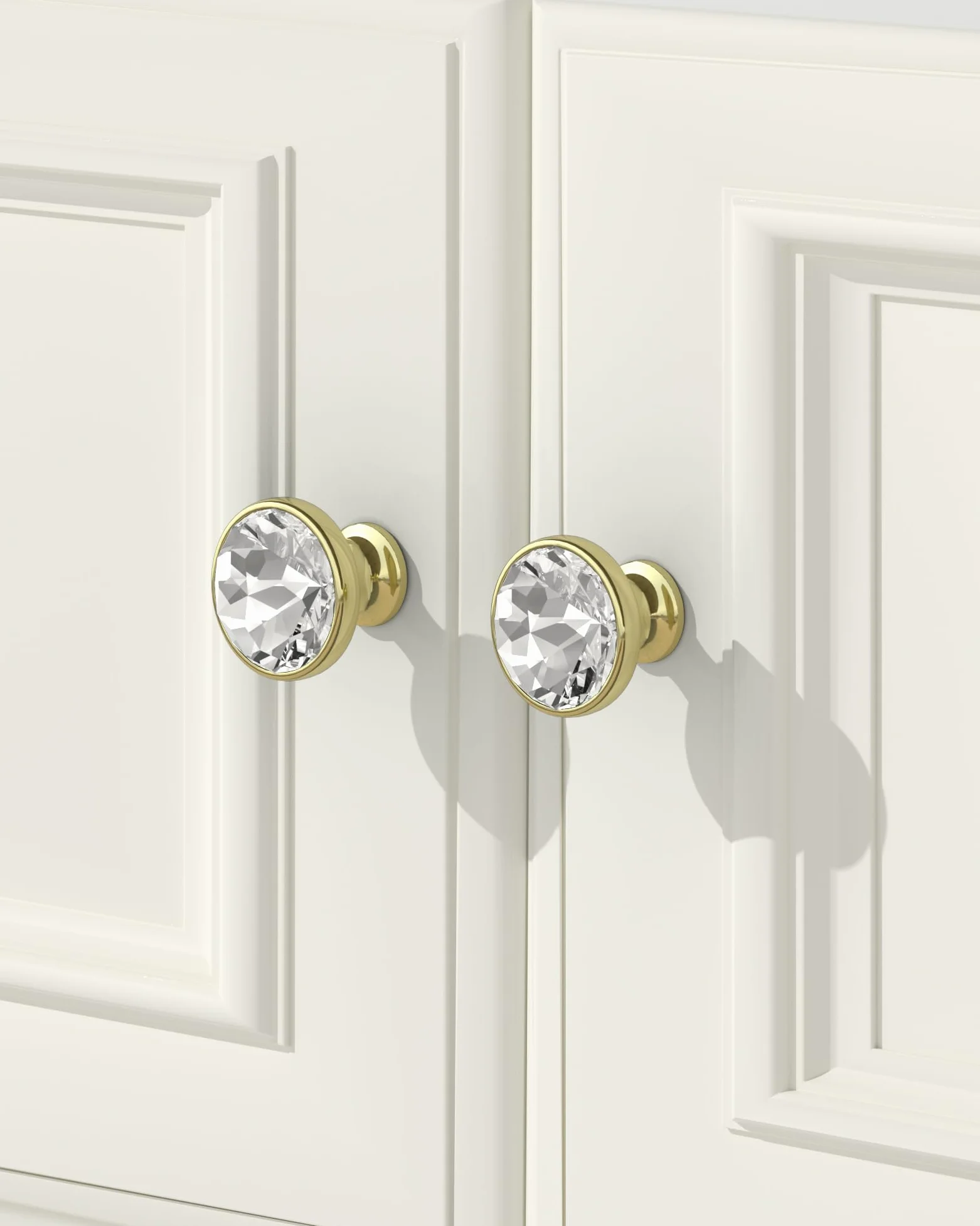 FURNIWARE - 10 piezas de pomos de gabinete de cristal con 2 tamaños de tornillos, tiradores de cajón de 34,2 mm, elegante oro diamante, orificio único transparente para armarios de cocina, cómoda