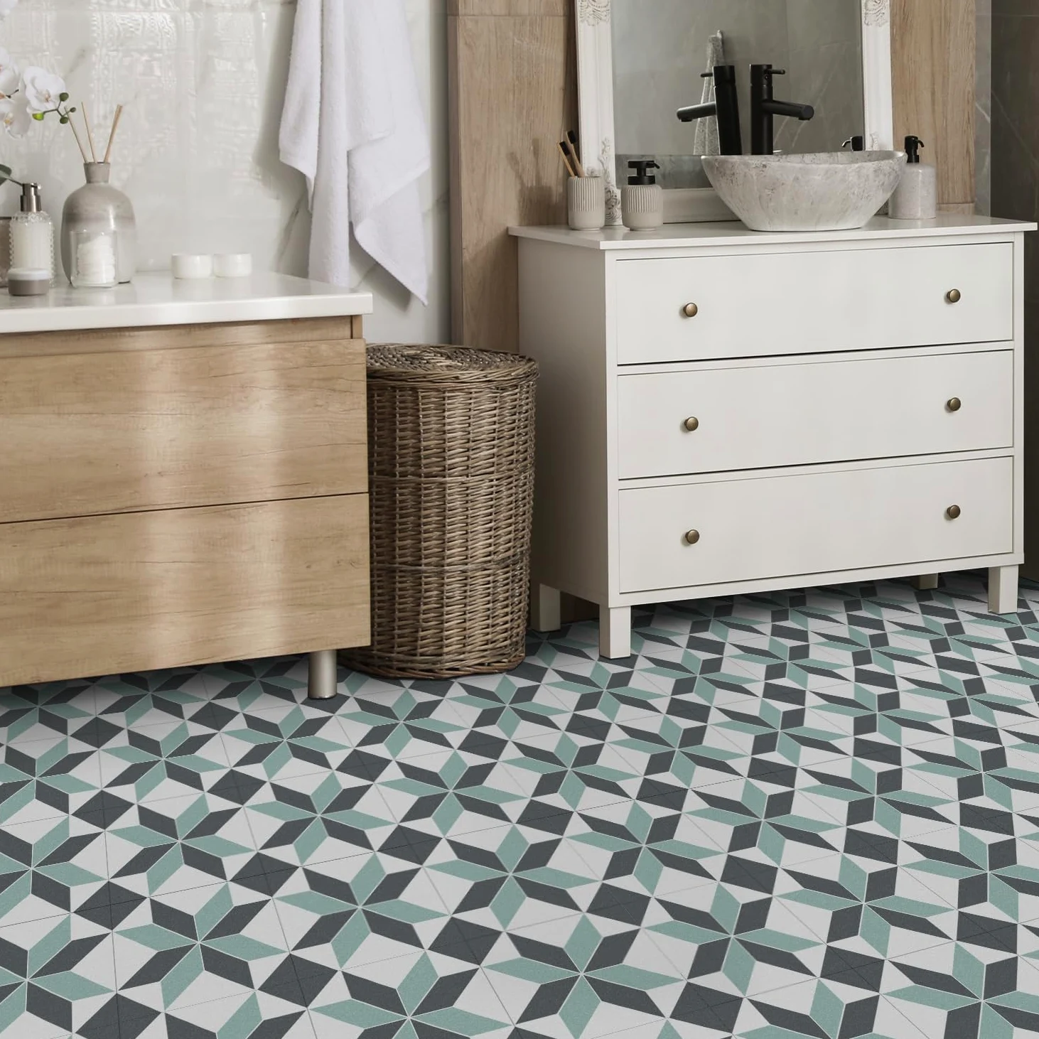 Alwayspon 12 x láminas adhesivas impermeables de vinilo, 30 x 30 cm, negro, blanco y verde, para cocina, salón y baño, PTF88