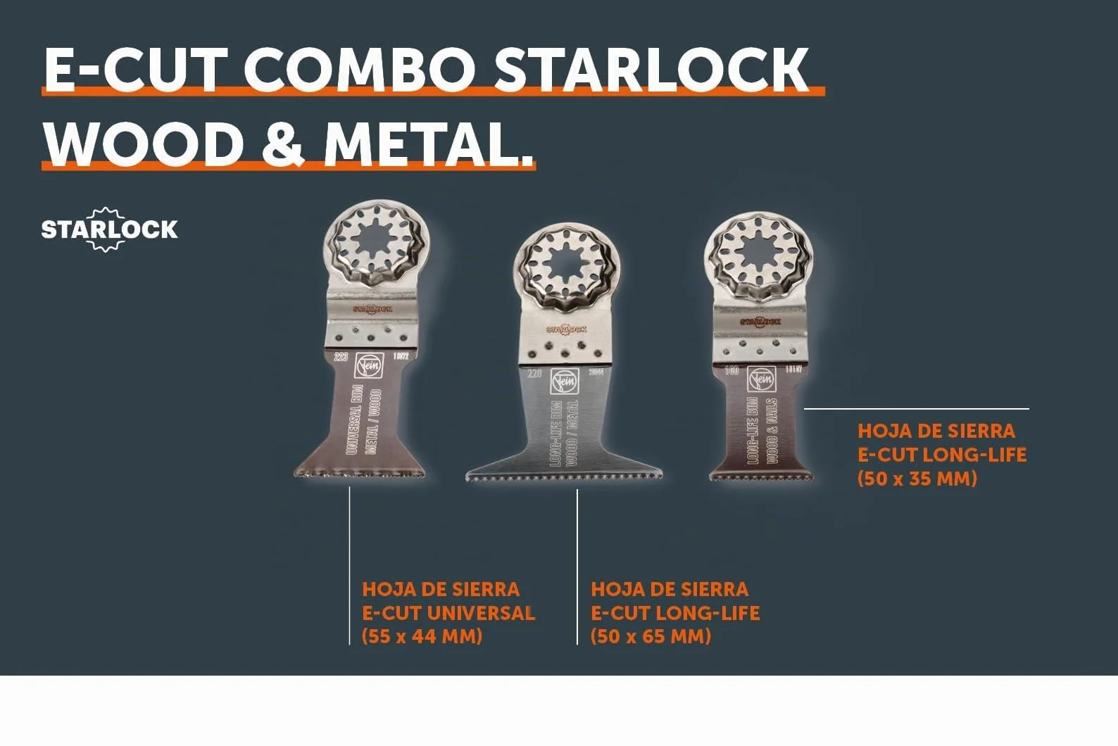 FEIN E-Cut Combo Starlock Wood & Metal, Alojamiento SL,Set con 3 hojas de sierra de recambio E-Cut para trabajos de aserrado en madera y metal.