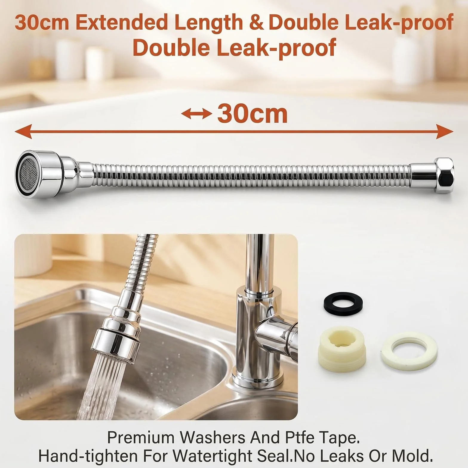 Alargador Grifo Cocina Flexible de Acero Inoxidable 304, 30 cm, Orientación Fija, Ideal para Cepillarse los Dientes, Lavarse la Cara y el Pelo, y para Recoger el Agua en el Fregadero