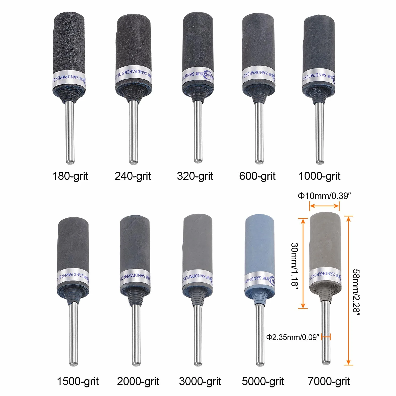 QUARKZMAN Kit de 10Uds Rollos de Papel de Lija Abrasivo 180-7000 Grit con Vástago de 2.35mm para Mangas de Tambor de Lijado Y Cabezales de Rectificado para Carpintería, Metal
