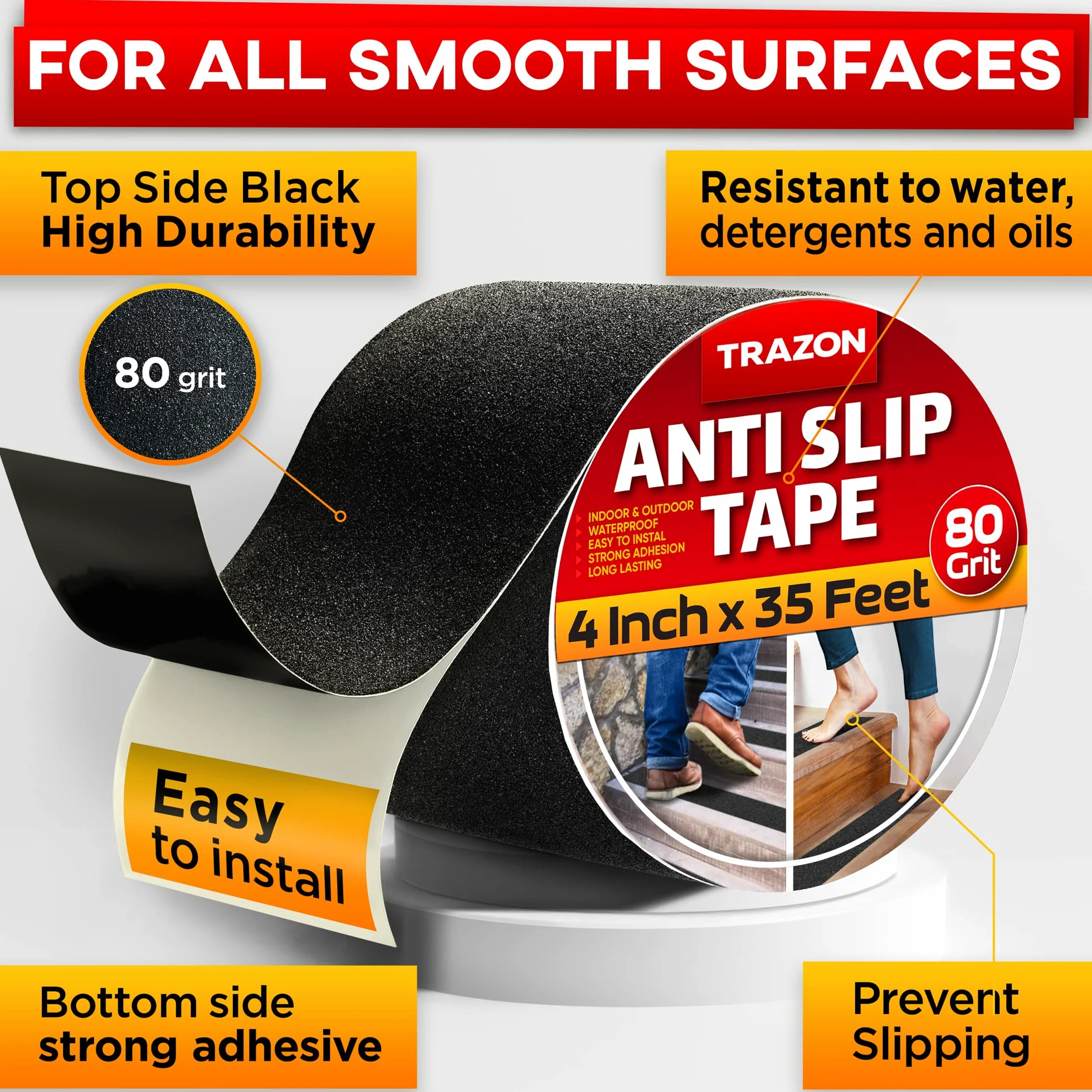 Cinta de agarre – Cinta antideslizante resistente para escaleras al aire libre e interior, impermeable, rollo antideslizante para escalones, tracción y agarre de escalera (negro, 4 pulgadas x 35 pies)