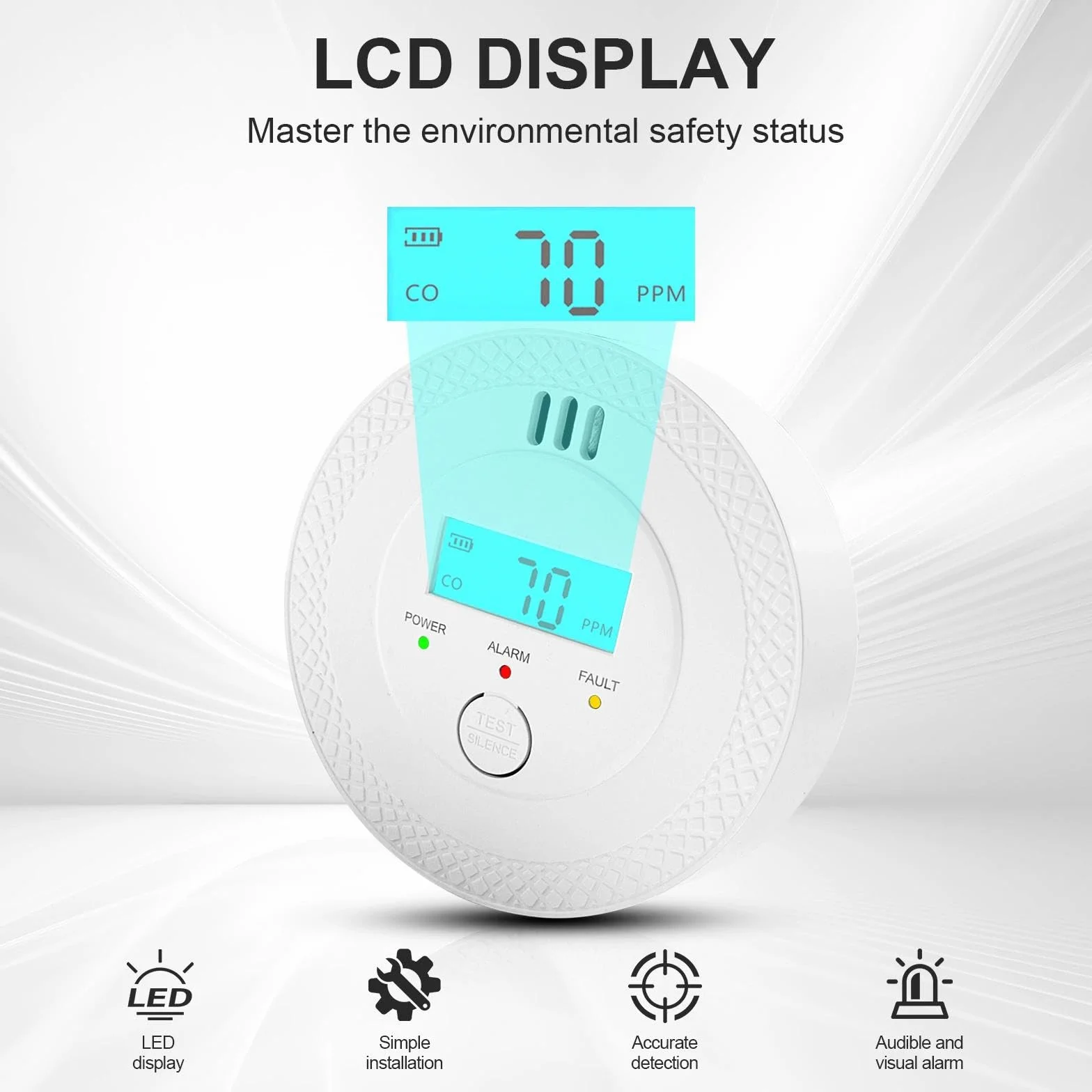 Detector de Monóxido de Carbono, Alarma 85dB, Detector CO con Pantalla LCD, Sensor Electroquímico, Batería, Cumple UL2034, para Hogar/Cocina/Viajes