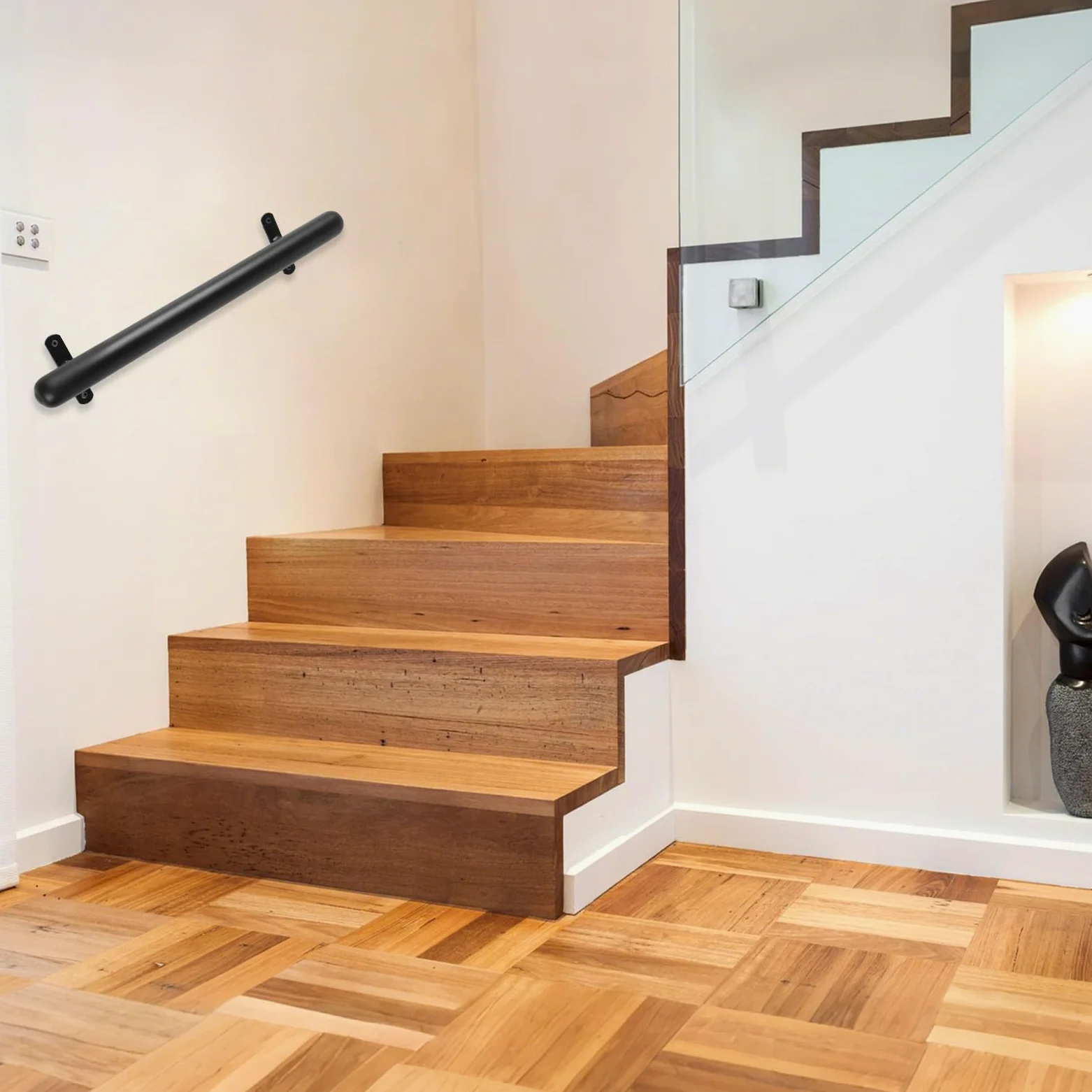 Pasamanos negro con recubrimiento en polvo 41cm Barandilla metálica para interior/exterior Ø32mm – Asidero de seguridad para garaje, sótano, terraza, escaleras, barandillas – Interior/exterior