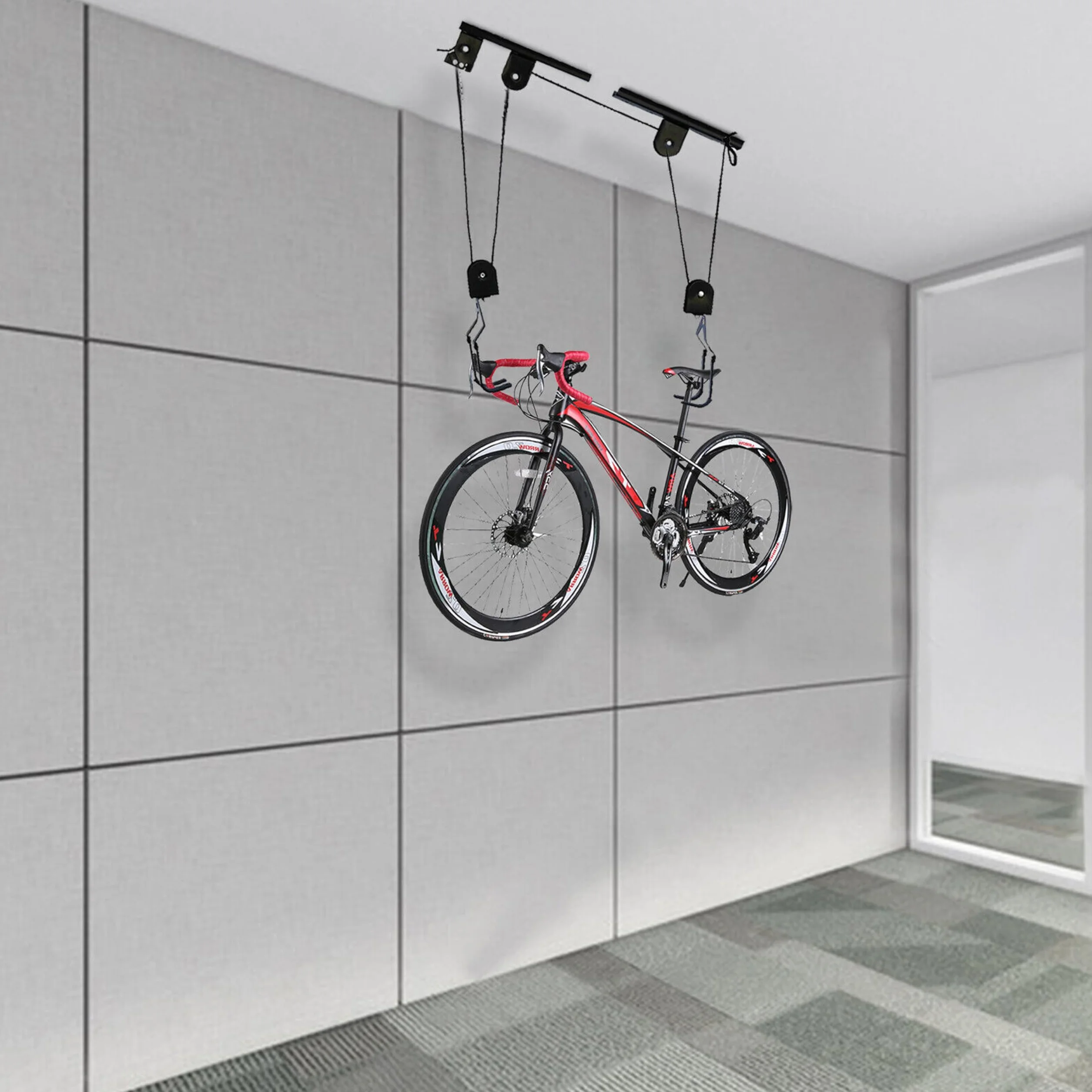 Retoo Elevador de Bicicleta, Soporte Suspensión, Capacidad 20 kg, Montaje en Techo, Almacenamiento Garaje, Cuerda 15m, Negro