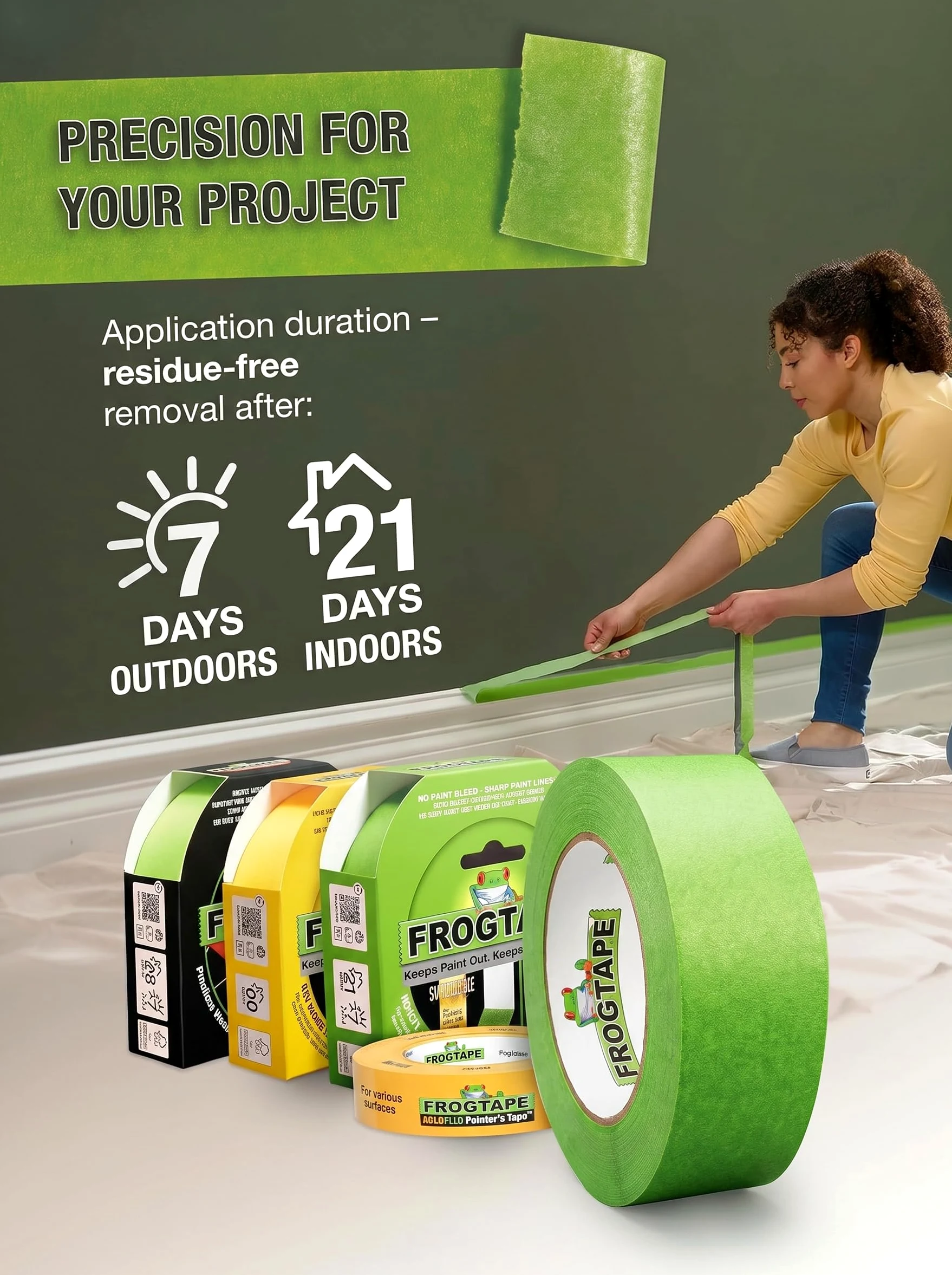 Frog Tape Multi Surface Cinta de Carrocero Verde, Tecnología PaintBlock, Cinta de Pintor para Madera Cristal y Metal, Bordes Muy Nítidos, Retirada Sin Residuos, Multisuperficie, 24mm x 55m Pack 3