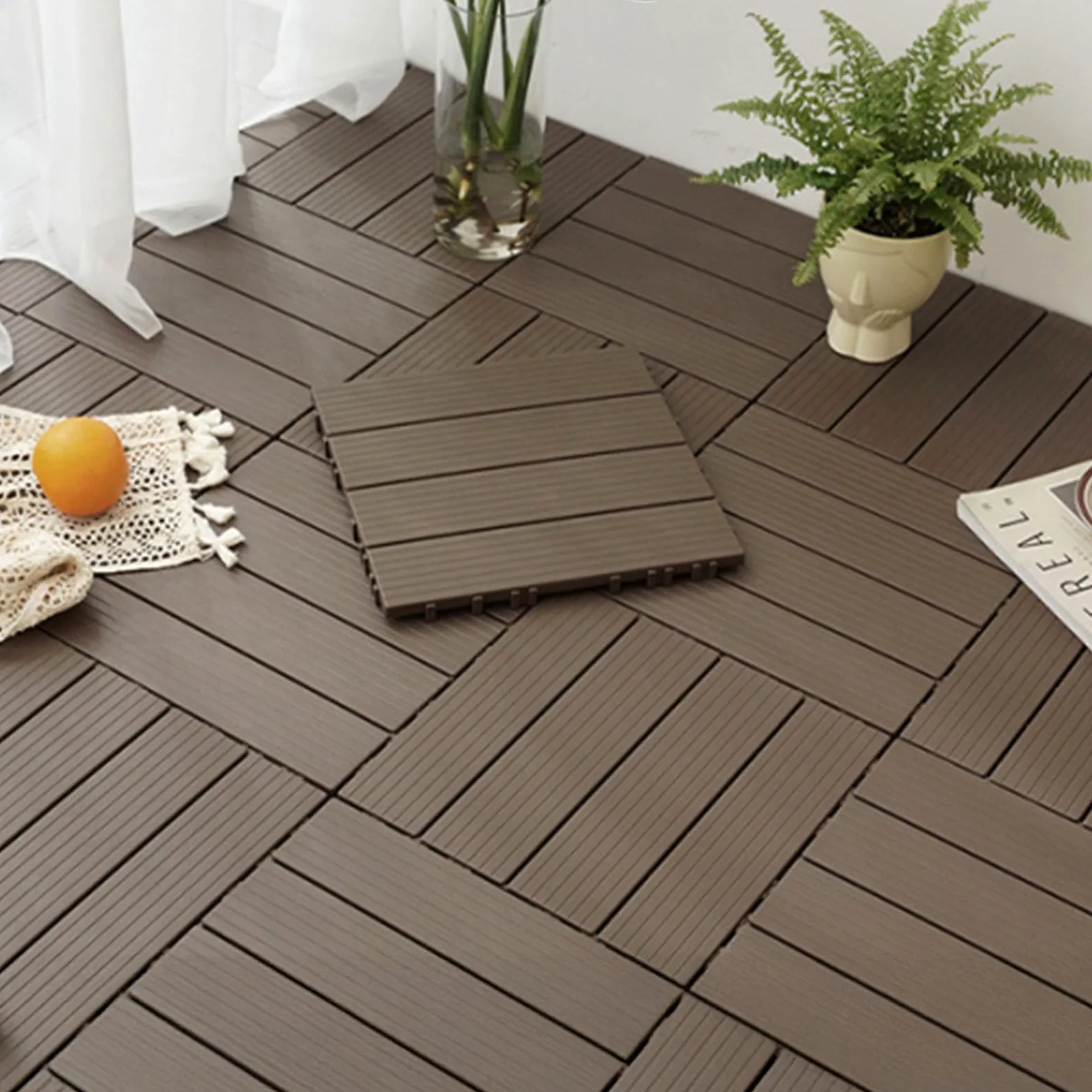 Azulejos de plástico para jardín, 30 x 30 cm, baldosas de PVC, color negro café, suelo empotrable, total 0,9 m², recortables, 10 unidades