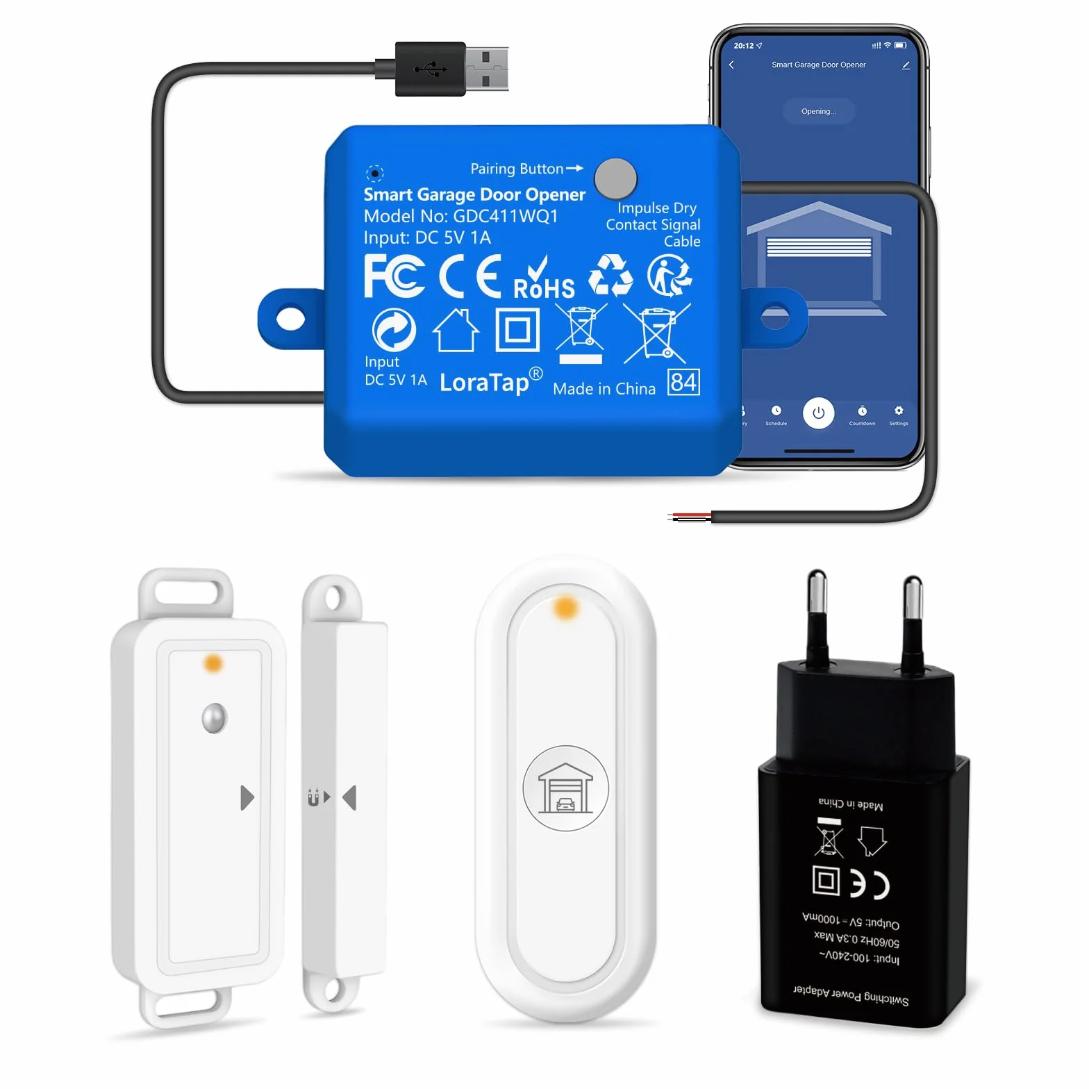 LoraTap Abridor de Puerta Wi-Fi con Mando a Distancia RF, Sensores de Puerta Inalámbricos, Control Remoto de la Aplicación Smart Life, Compatible con Alexa e Asistente de Google