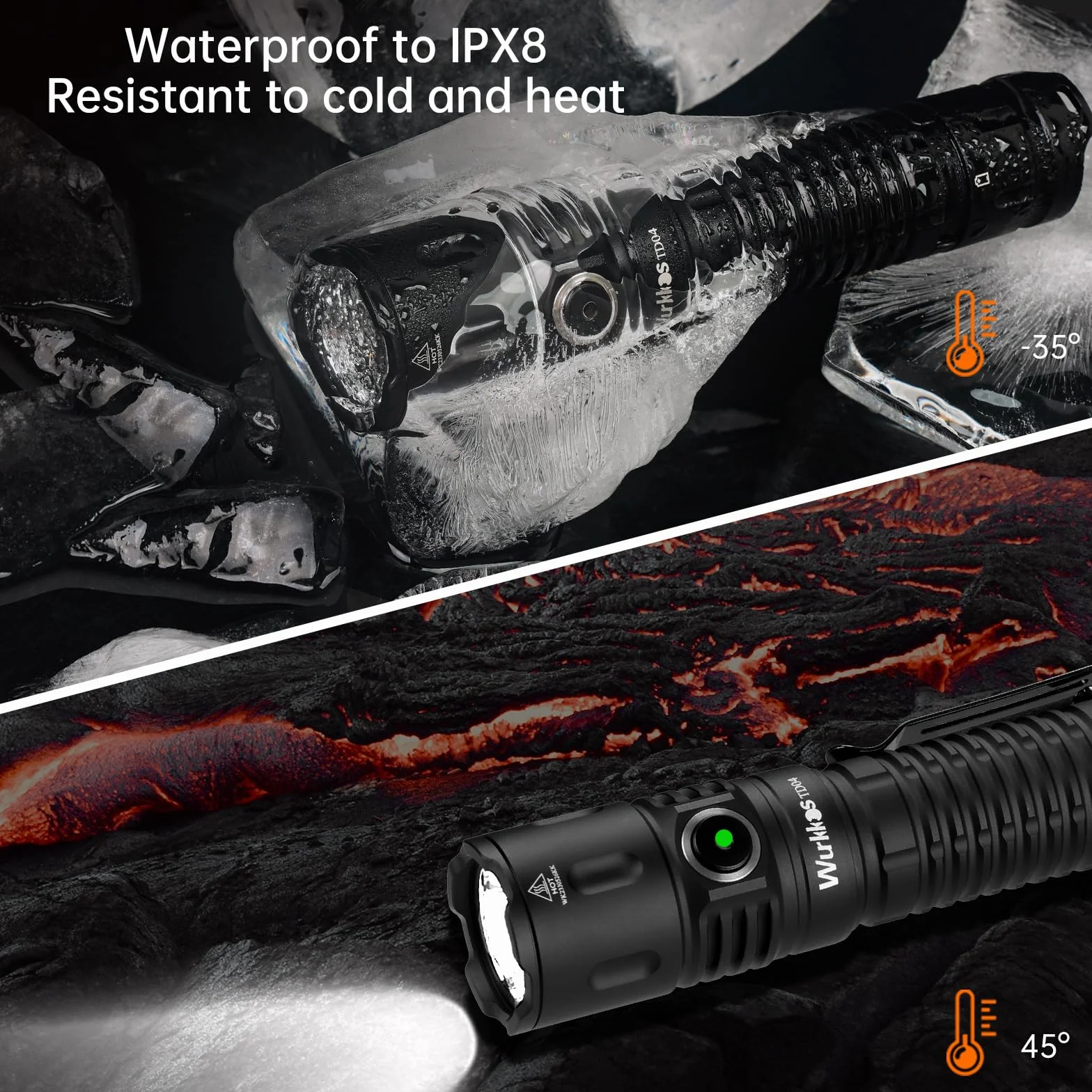 Wurkkos TD04 Linterna Led Táctica Recargable 5000mAh de potencia, 3000 Lumen, Linterna linterna edc con Interruptor Táctico Negro, IPX8,linterna led recargable linternas led alta potencia
