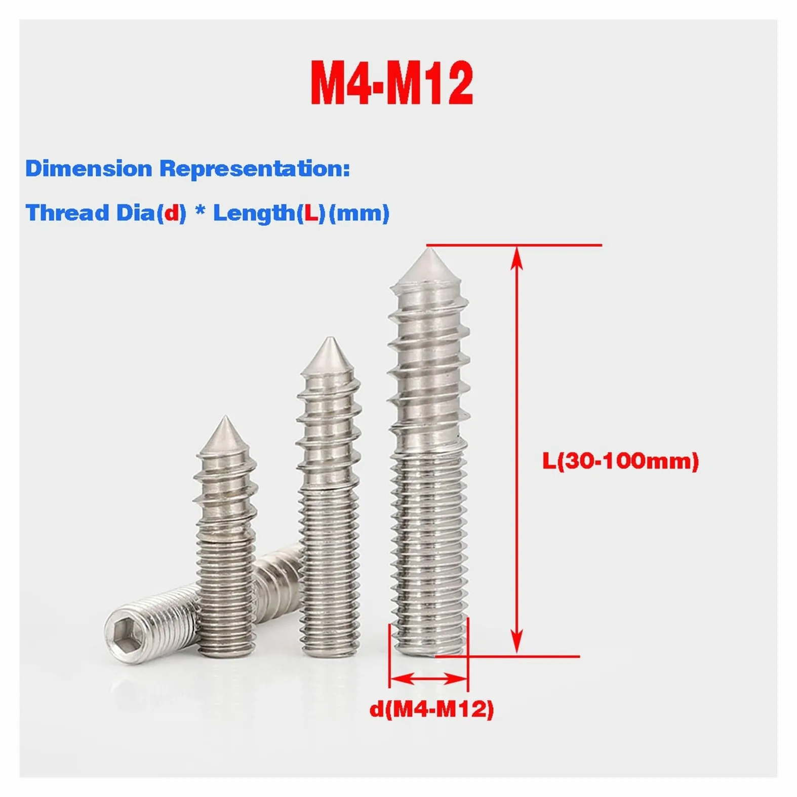 Tornillos de madera a madera con terminación de doble cabeza, tornillos de rosca hexagonales sin cabeza de acero inoxidable 304/tornillos de fijación de doble cabeza M4 M5 M6 M8 M10 M12(Size:2pcs M10x