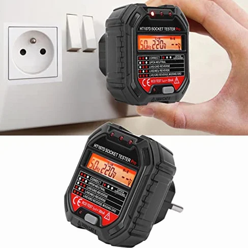 Walfront Probador Enchufes HT107D Comprobador Tomas Eléctricas 7 Modos LED Pantalla LCD Detector Voltaje Falla Red EU 90-250V