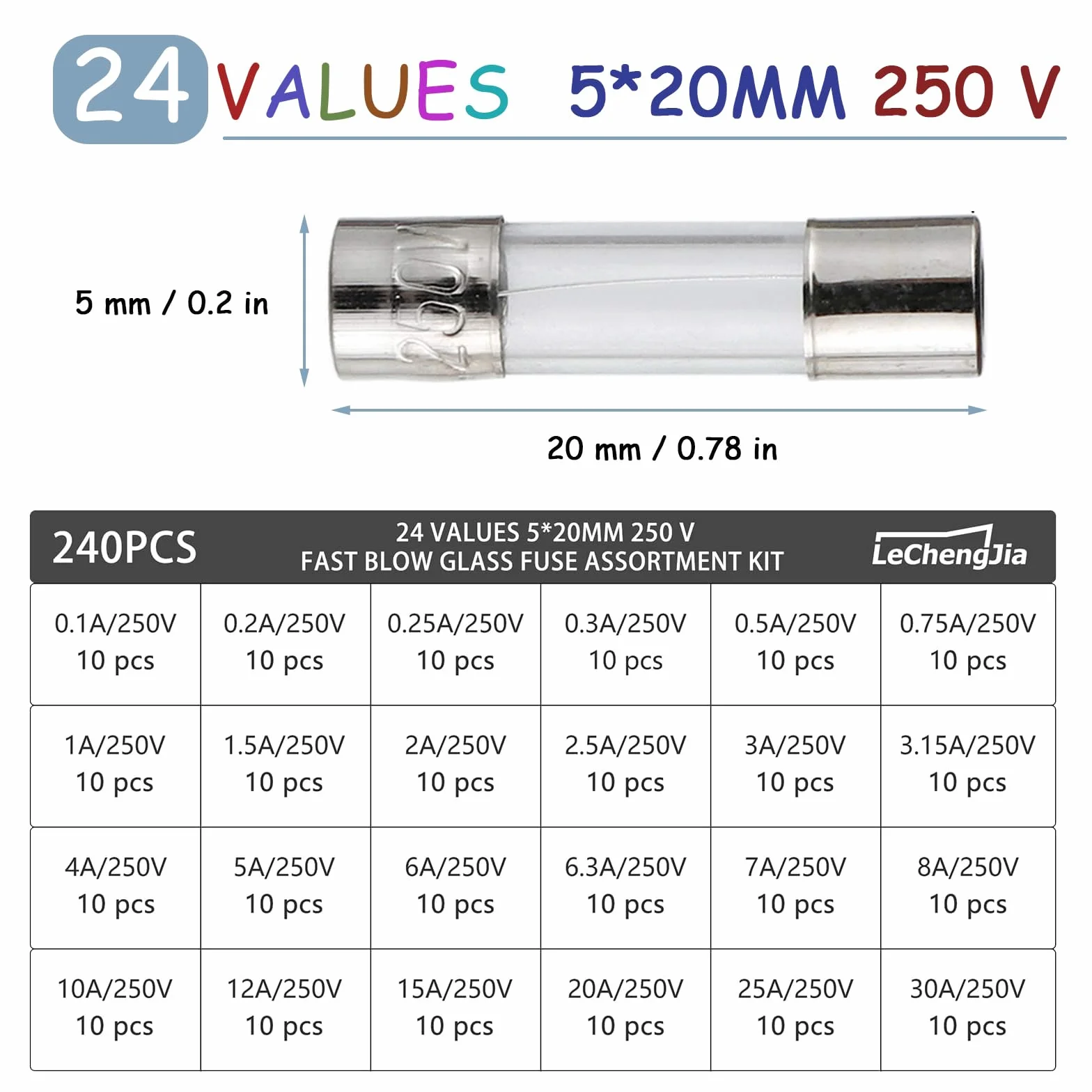 240 Piezas Fusibles de Vidrio 5x20mm 250V Rápida Fusión Kit 0.1-30A Caja Plástico