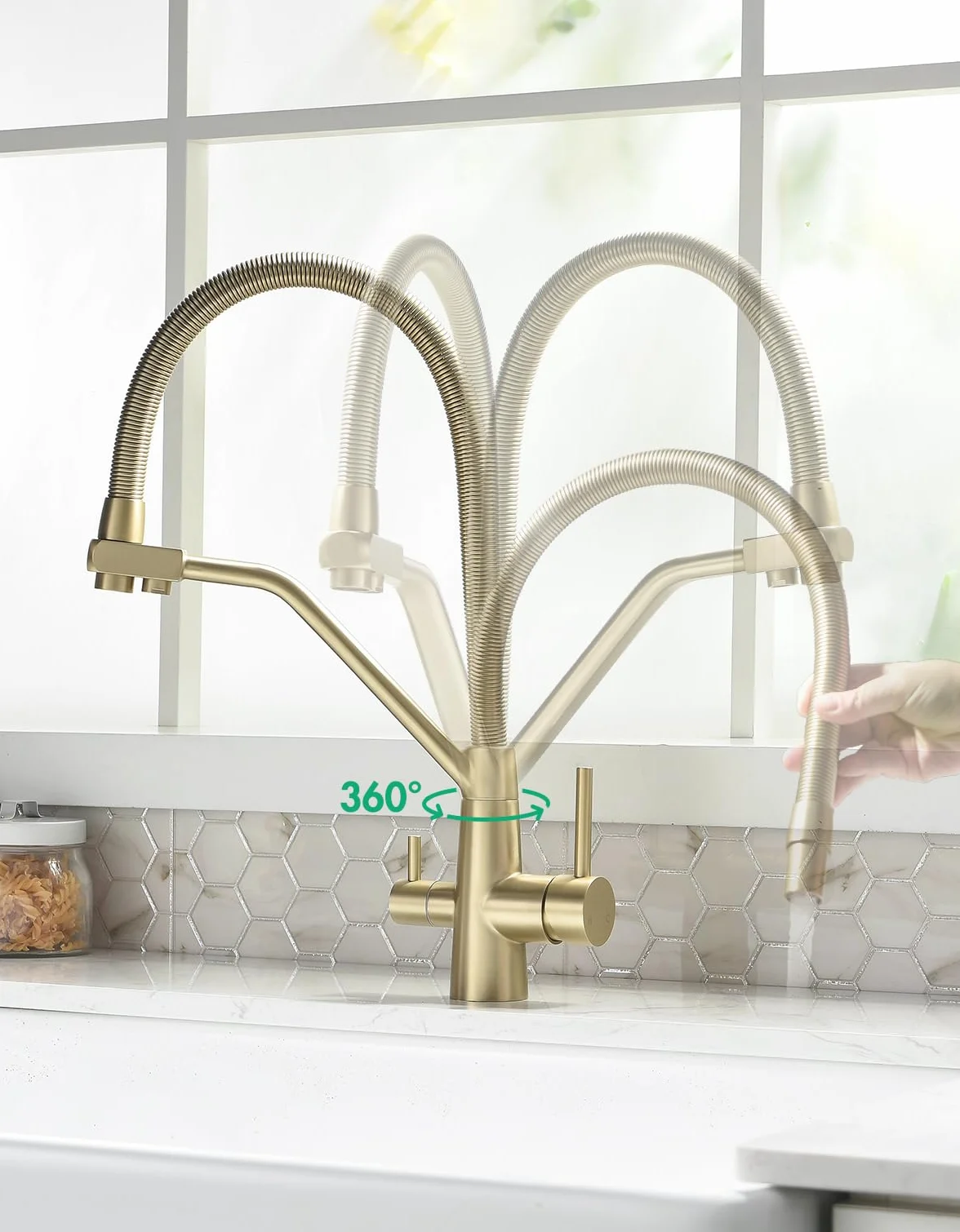 TIMACO Grifo de cocina dorado 3 vías giratorio 360° 3 en 1 para filtro de agua, grifo de resorte en espiral, doble palanca, alta presión, oro cepillado