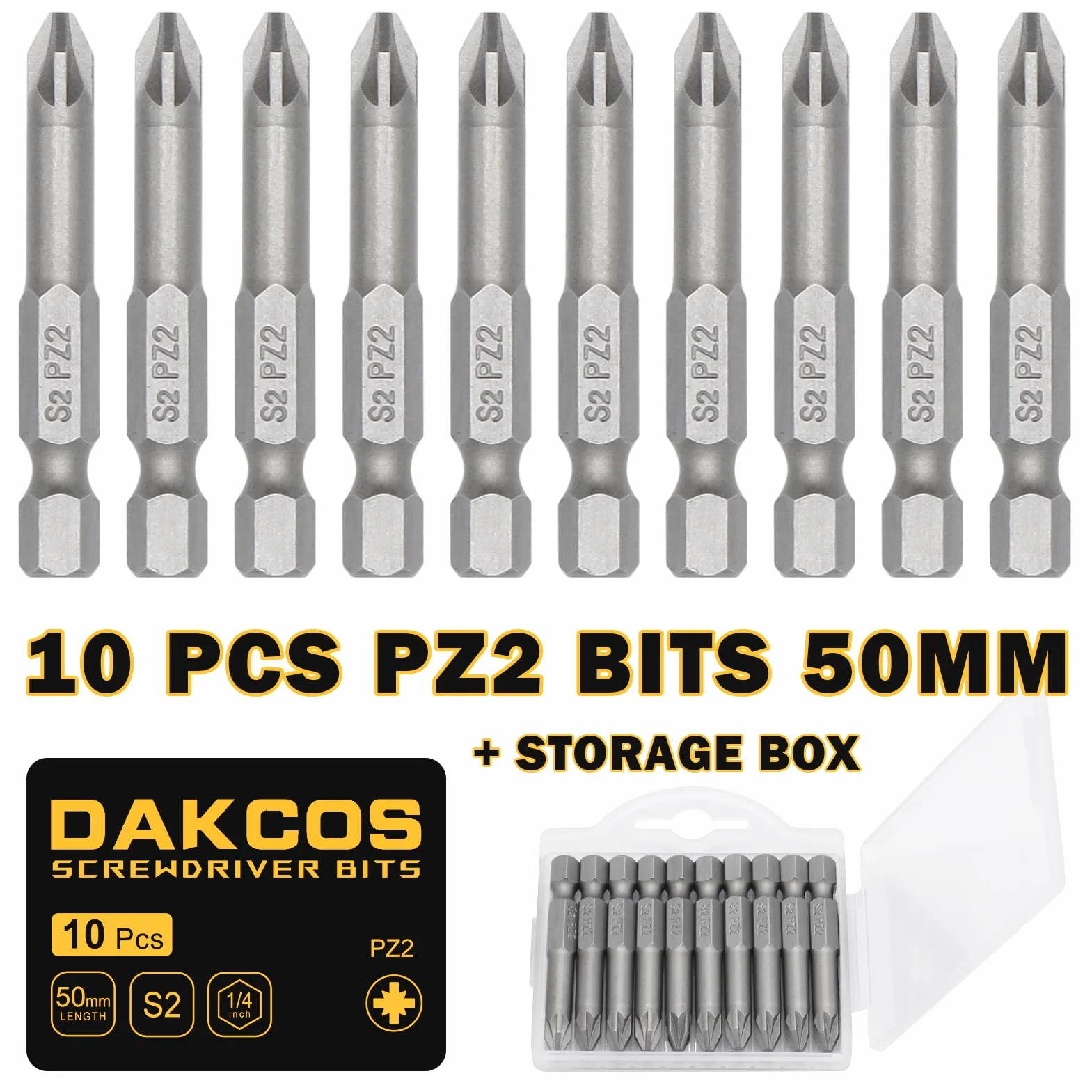 DAKCOS Juego de Puntas de Destornillador de PZ2 de 10pc Puntas Phillips, acero S2, 50mm de longitud