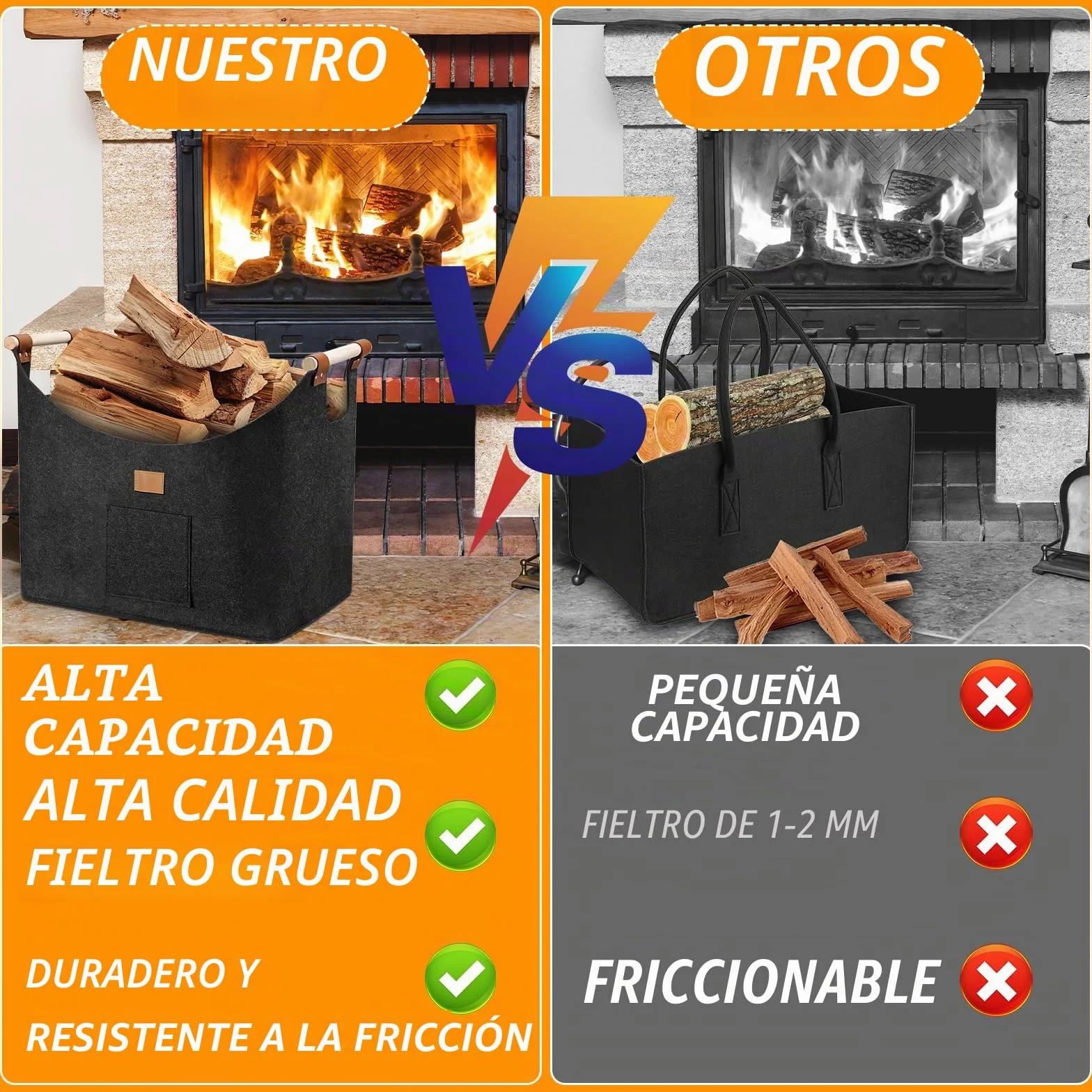 96LCesta para Leña de Chimenea, Cesta de Leña, Plegable Bolsa de Fieltro para Leñas, Cestas para Leñas con Asas, 60x40x40 Cestas Leñas, Cestass de Fieltro para Leñas de Chimenea, Gris Oscuro