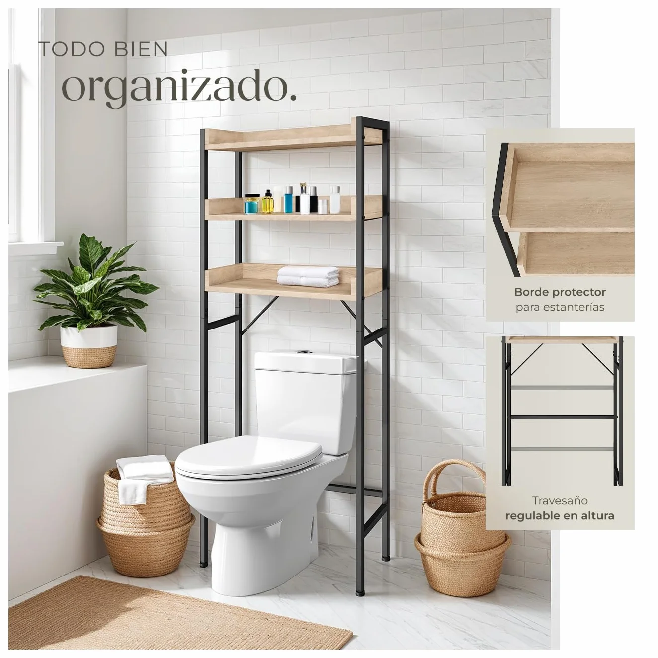 Estanteria baño Estilo Industrial Tres Estantes Compacto Ajustable Antivuelco Montaje Rápido 165,5x25x67cm Madera Roble Sonoma