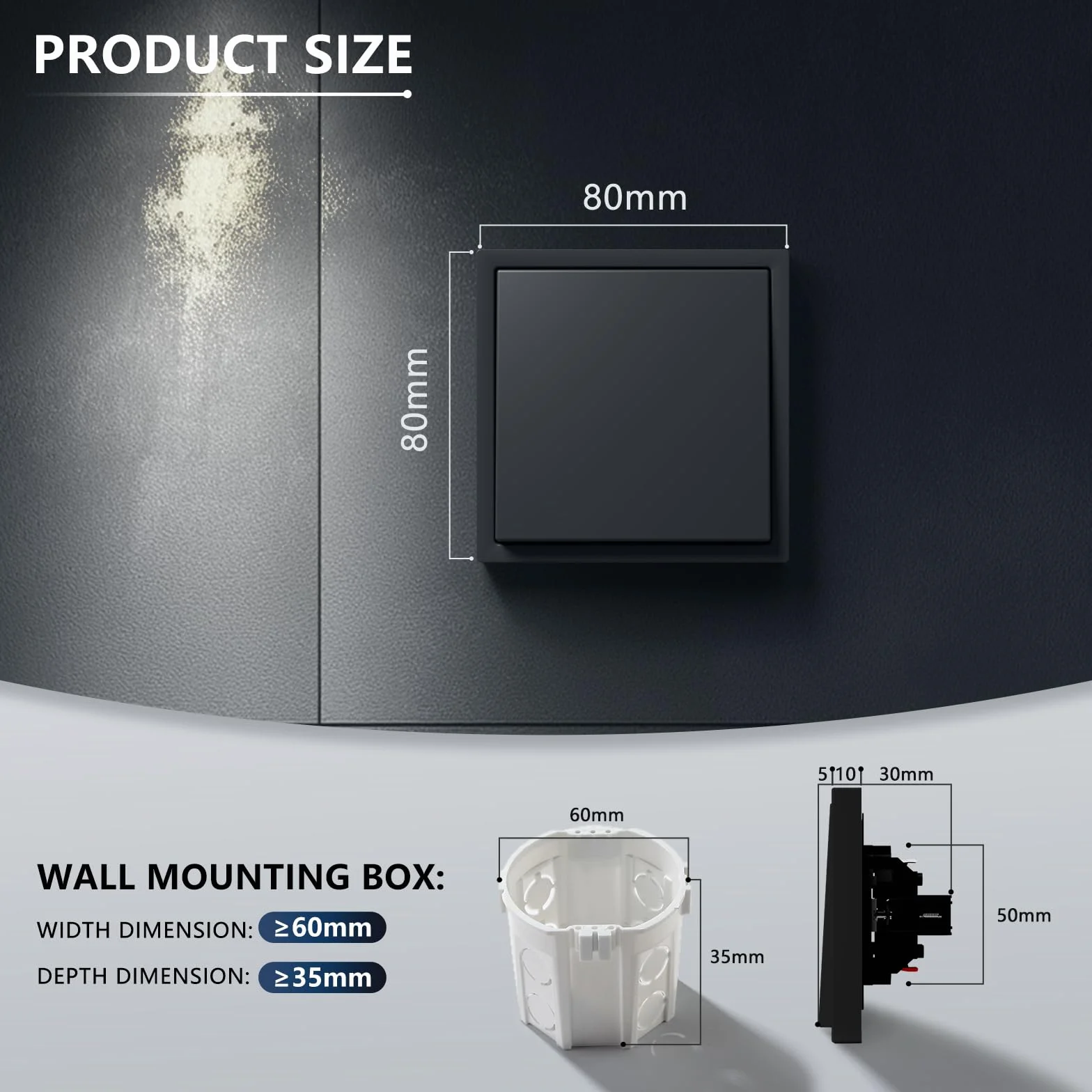BSEED Interruptor de Pared 1 Gang 3 Vías Negro 80x80mm 16A Empotrado Panel de Plástico sin Tornillos