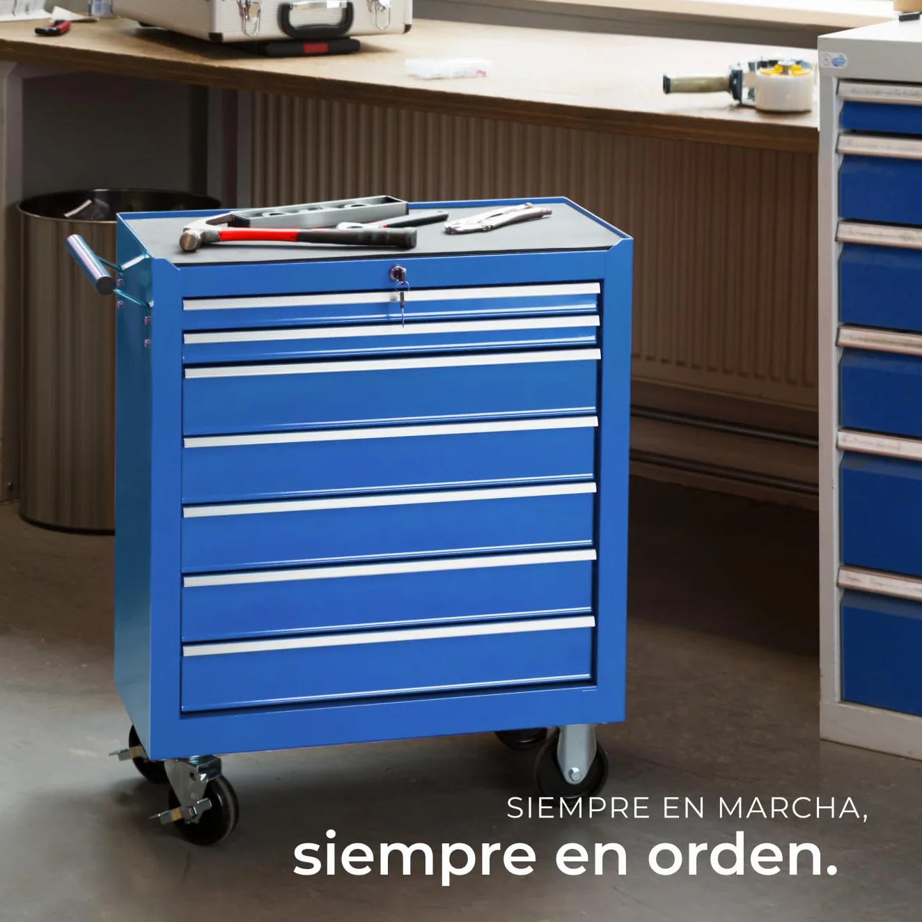 Tectake Carrito Auxiliar con Ruedas, 7 Cajones, Organizador de Herramientas, Armario Metálico, Azul