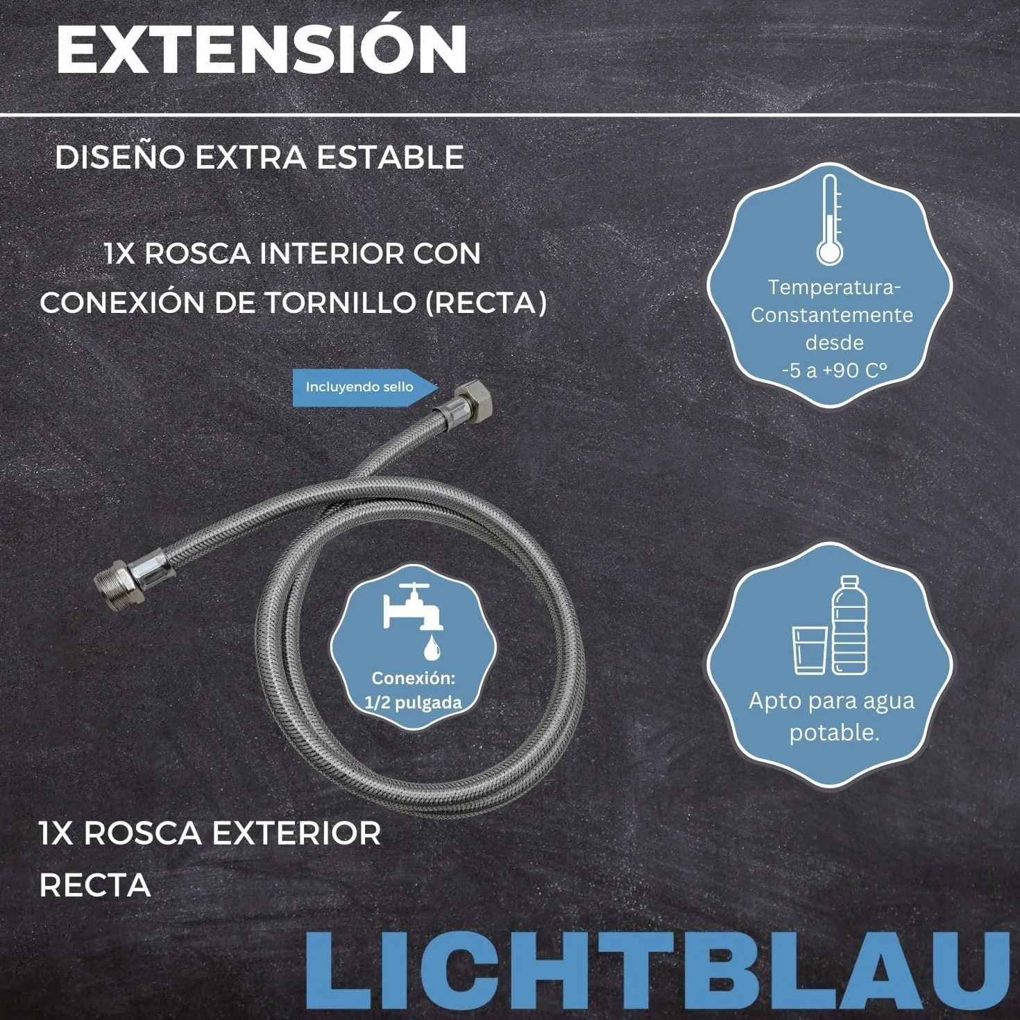 LICHTBLAU manguera de extensión flexible acero inoxidable 60 cm 1/2 pulgada, latiguillo prolongador antitorsión para grifo cocina y baño, agua potable, alta presión, resistente y duradera