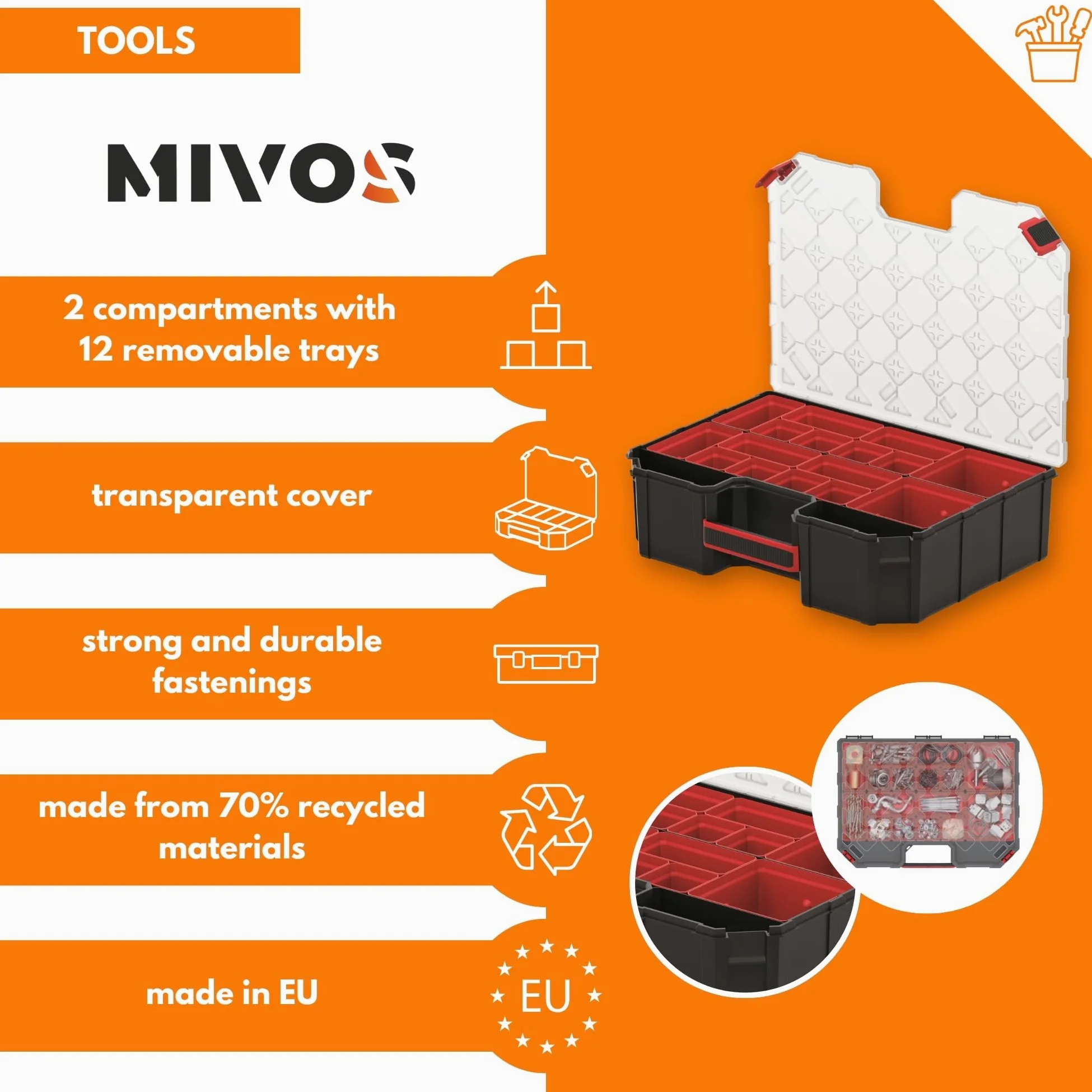 Mivos Caja de almacenamiento 390 x 284 x 60 mm - para objetos pequeños con 12 cajas extraíbles - accesorios - Caja con cierre de rosca - Robusta caja de herramientas para taller - Made in EU