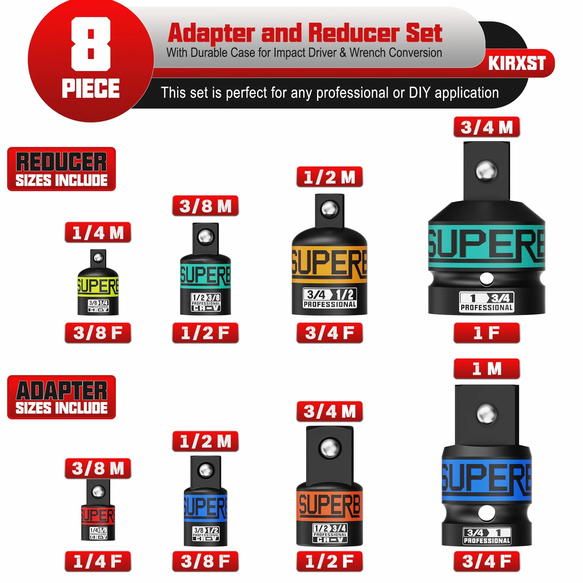 Juego de 8 Adaptadores de Vaso, Adaptadores para Llave de Vaso 1/4" 3/8" 1/2" 3/4" 1", Reductores de Vasos de Impacto para Reparaciones Mecánicas y Automoción