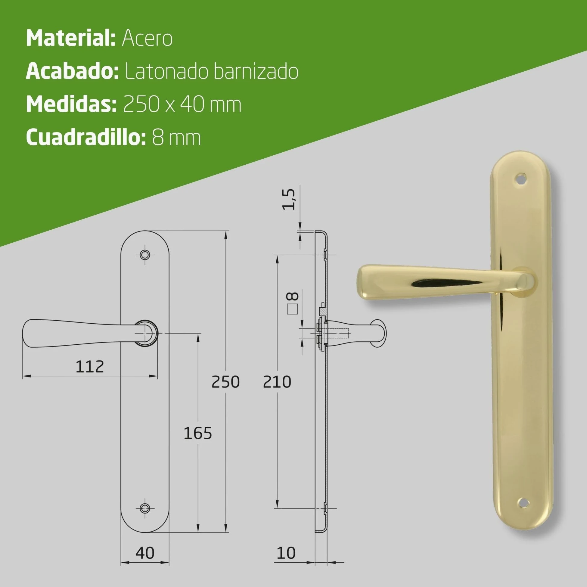 Amig - Juego de Manillas de Placa de Latón - Modelo 252P Medida: 250 x 40 mm - Cuadradillo de 8 mm - Resistente a la Corrosión, Incluye tornillería - Acabado: Latonado barnizado