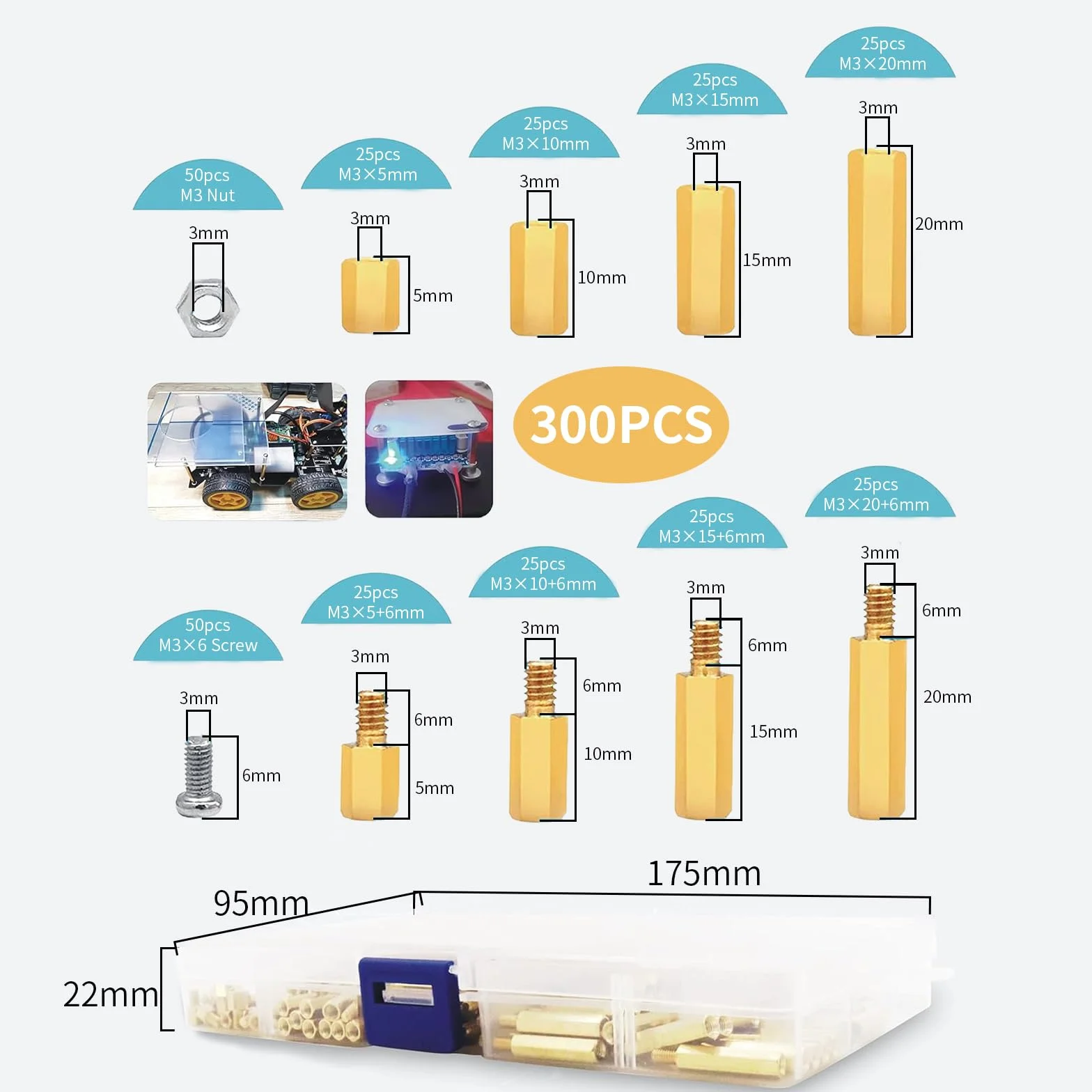 300 separadores de latón para placa base, tornillos, tuerca de manguito, M3, surtido de espaciadores para placa base PCB, hexagonal, macho y hembra