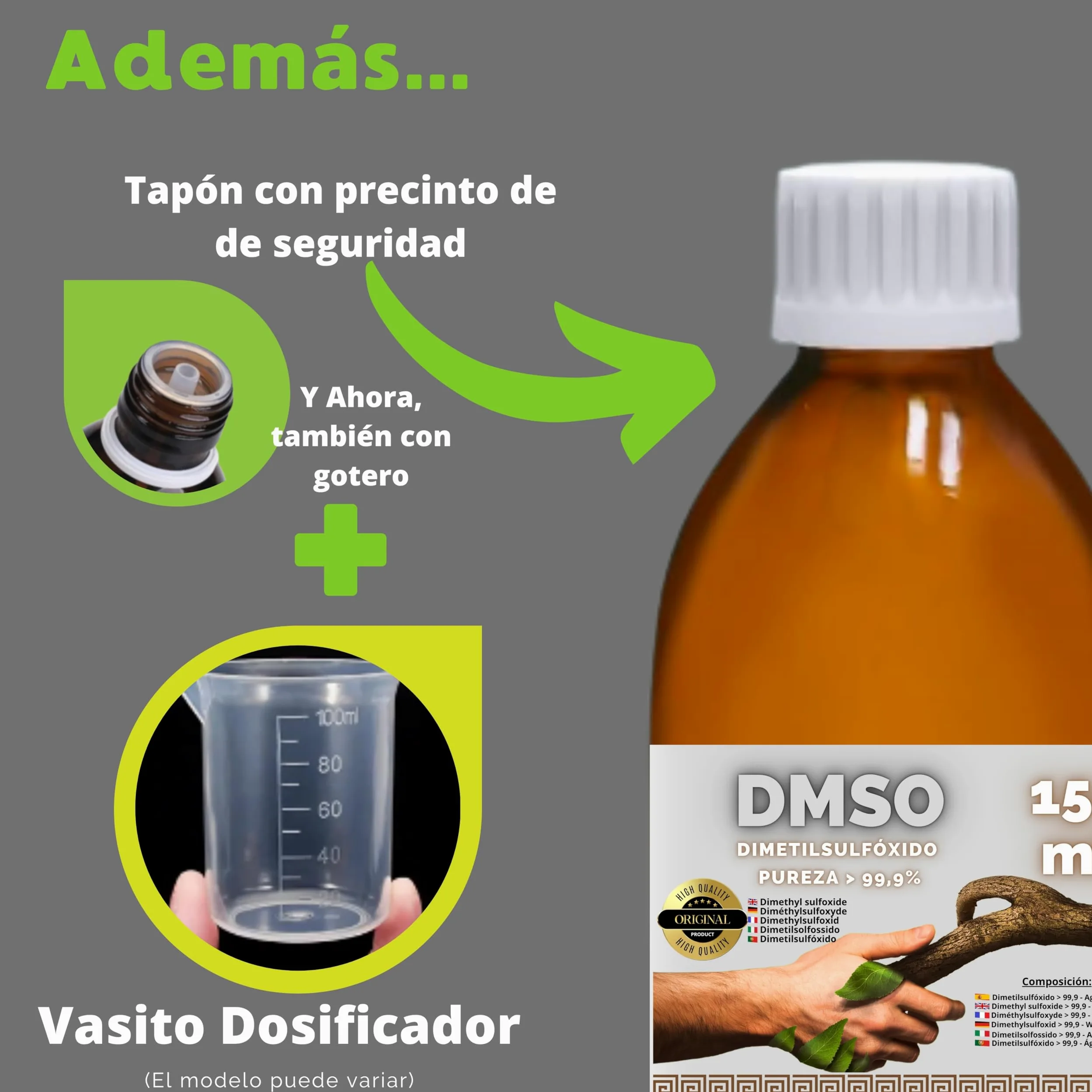 DMSO 150 ml. 99,9% Pureza Con Gotero | Dimetilsulfóxido Calidad Ph Eur | Regalo Frasco125ml + Difusor + Vasito Dosificador | Frascos Ámbar de Laboratorio | Precinto de Seguridad