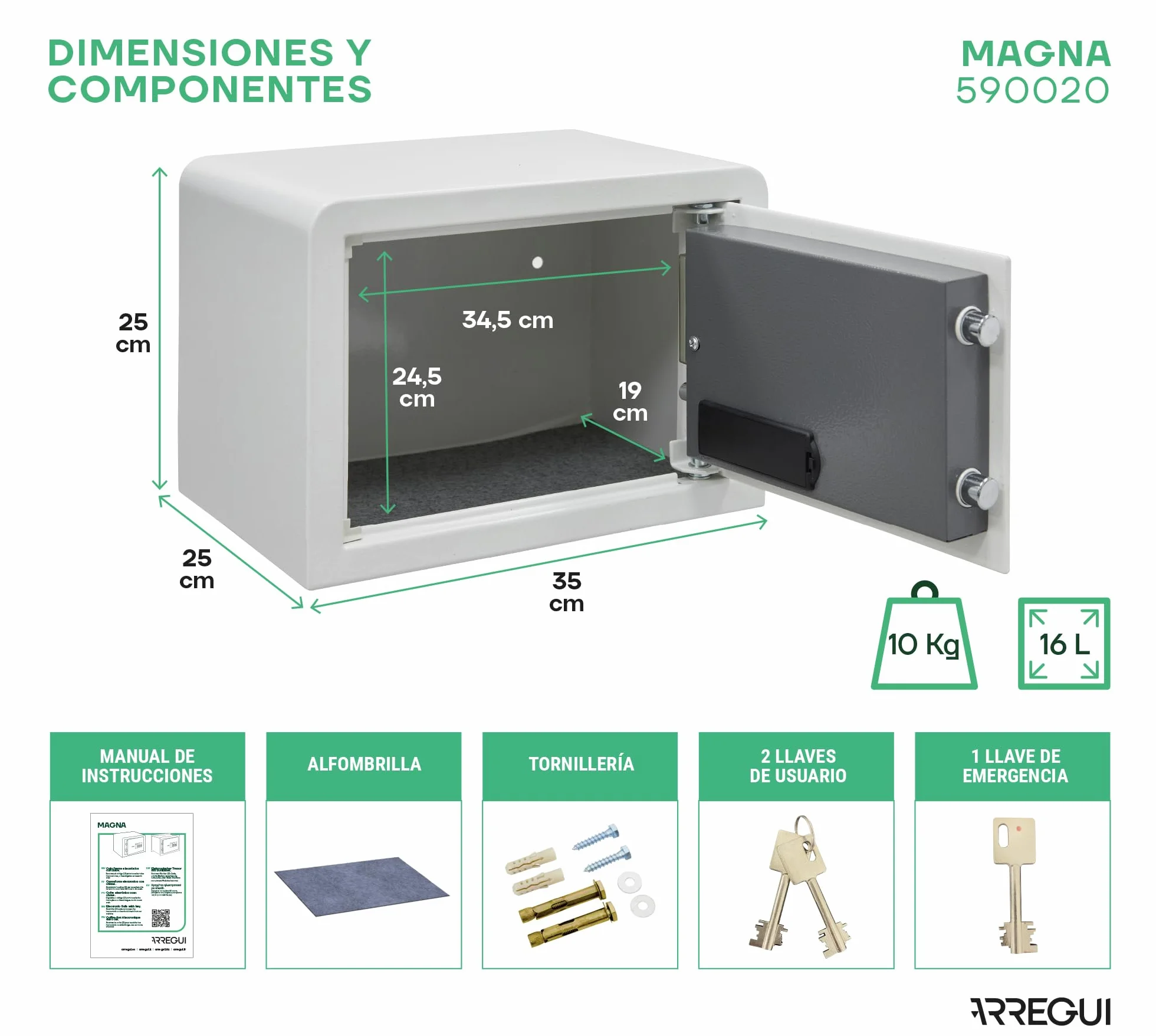 ARREGUI Magna 590020 Caja Fuerte Doble Seguridad Cerradura Código Llave 25x35x25 cm 16 L