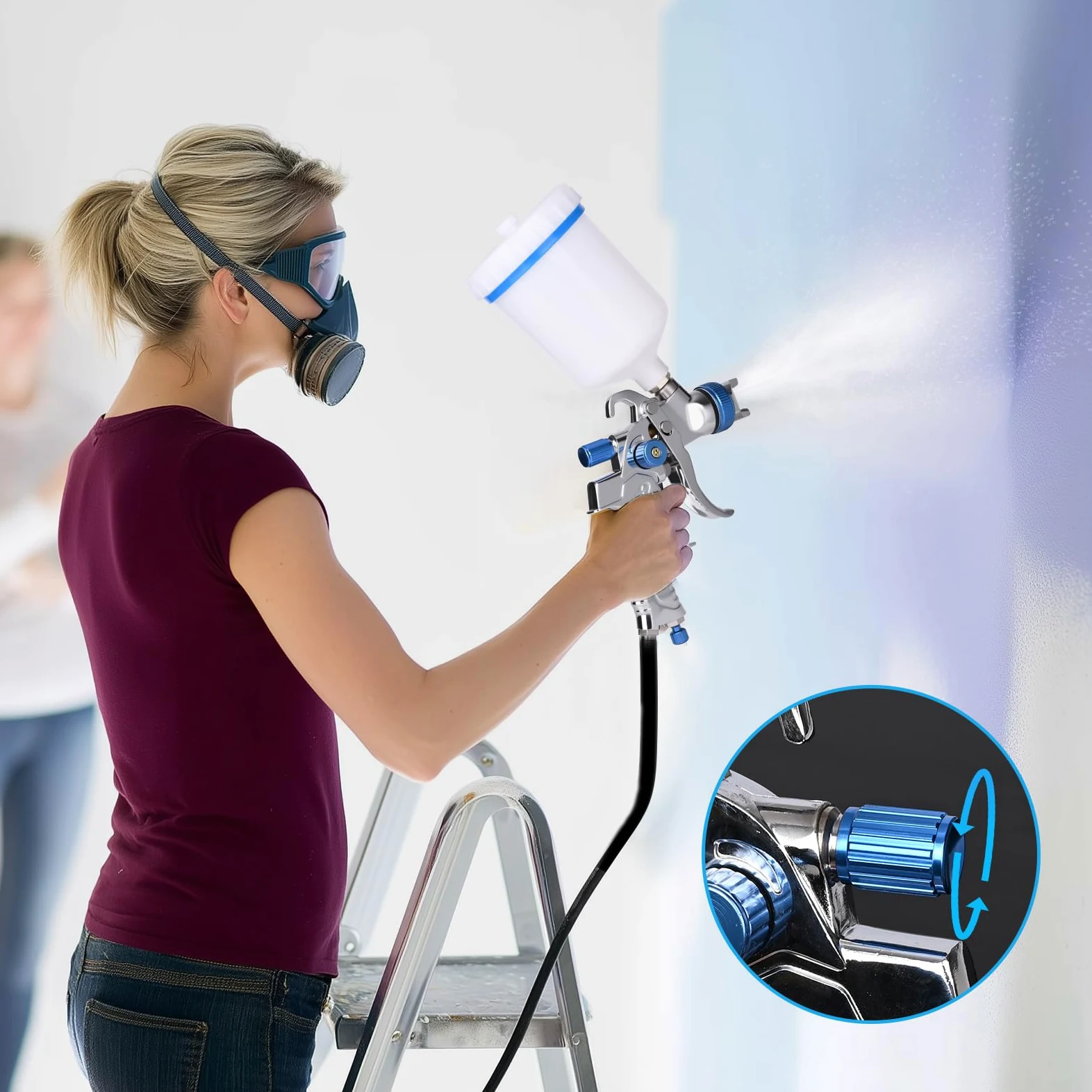 HVLP - Pistola pulverizadora con 3 boquillas (1,4/1,7/2,0 mm) – Pistola de pintura profesional de aire comprimido con vaso de plástico de 600 ml, presión de aire ajustable y flujo, acero