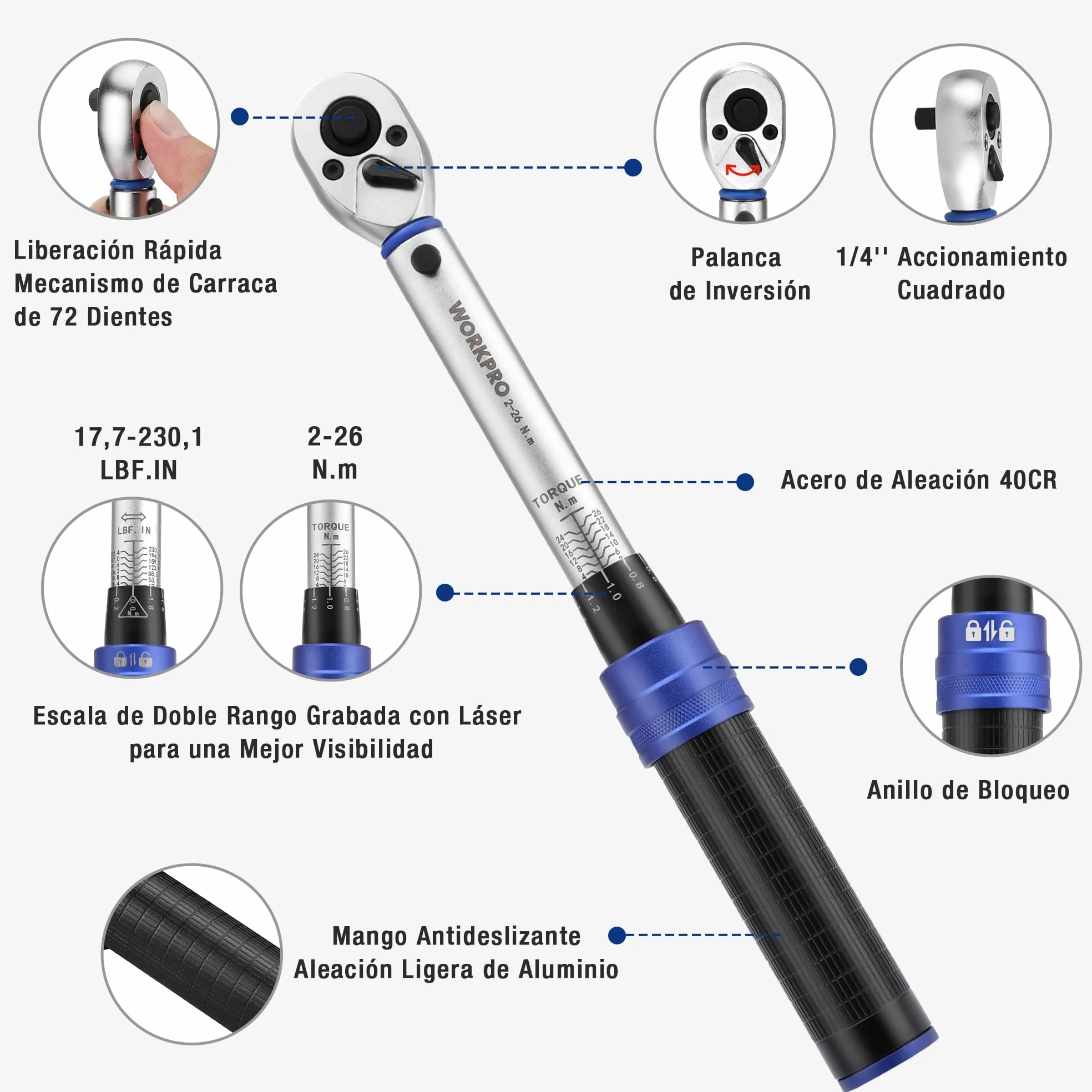 WORKPRO Llave Dinamométrica, 1/4", 2-26Nm, 14 Piezas | Precisión de ±3%, Carraca de 72 Dientes con Barra de Extensión para Bicicletas, Motos y Automóviles