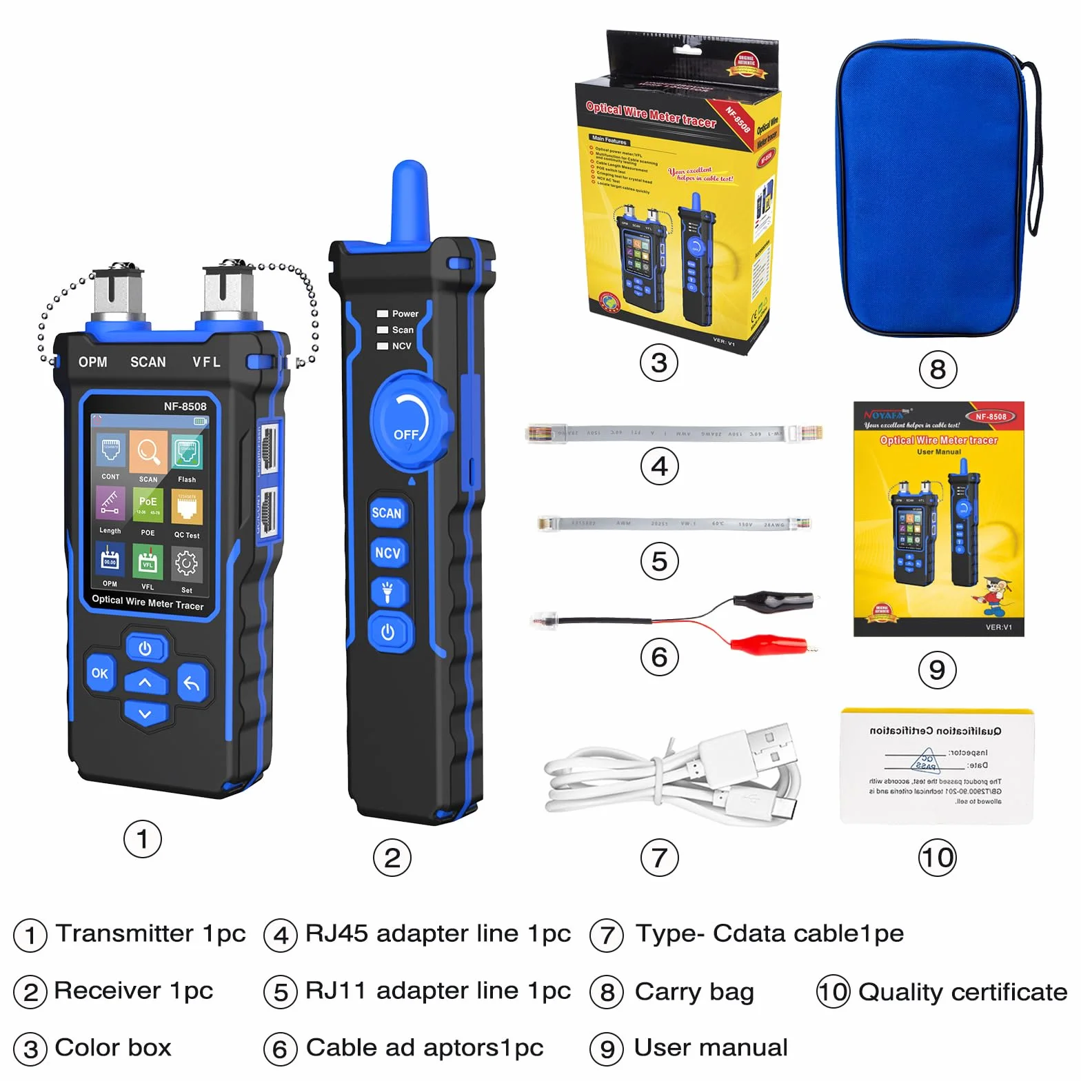NOYAFA NF-8508 Probador de Cables Red Ethernet Medidor de Potencia Óptica Tester RJ45 RJ11 VFL PoE NCV Longitud Mapeo Cat5 Cat6