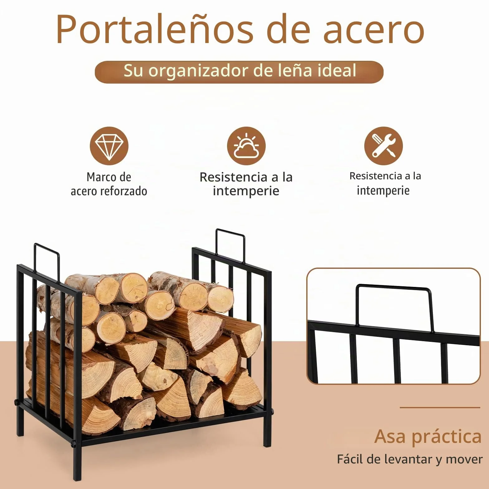 GOPLUS Soporte para Leña con Asa, Porta Leña, Capacidad 50 kg, Aspecto Elegante para Interior Exterior 46 x 31 x 46 cm