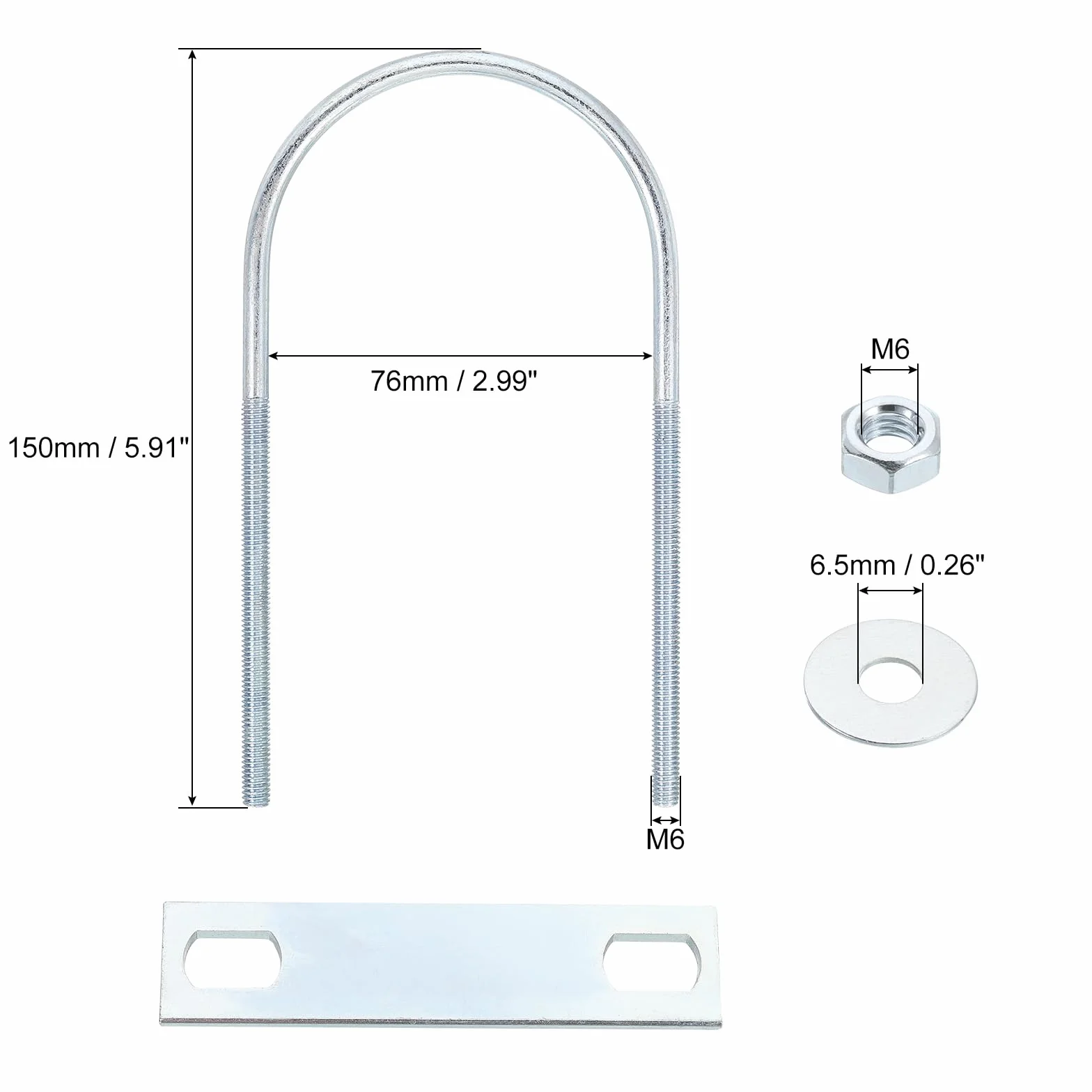 QUARKZMAN 4Pcs Pernos en U Redondos M6, Ancho Interior de 76mm, Longitud de 150mm Perno de Abrazadera en U con Tuercas y Placas, de Acero al Carbono para Reparación Tuberías y Industriale