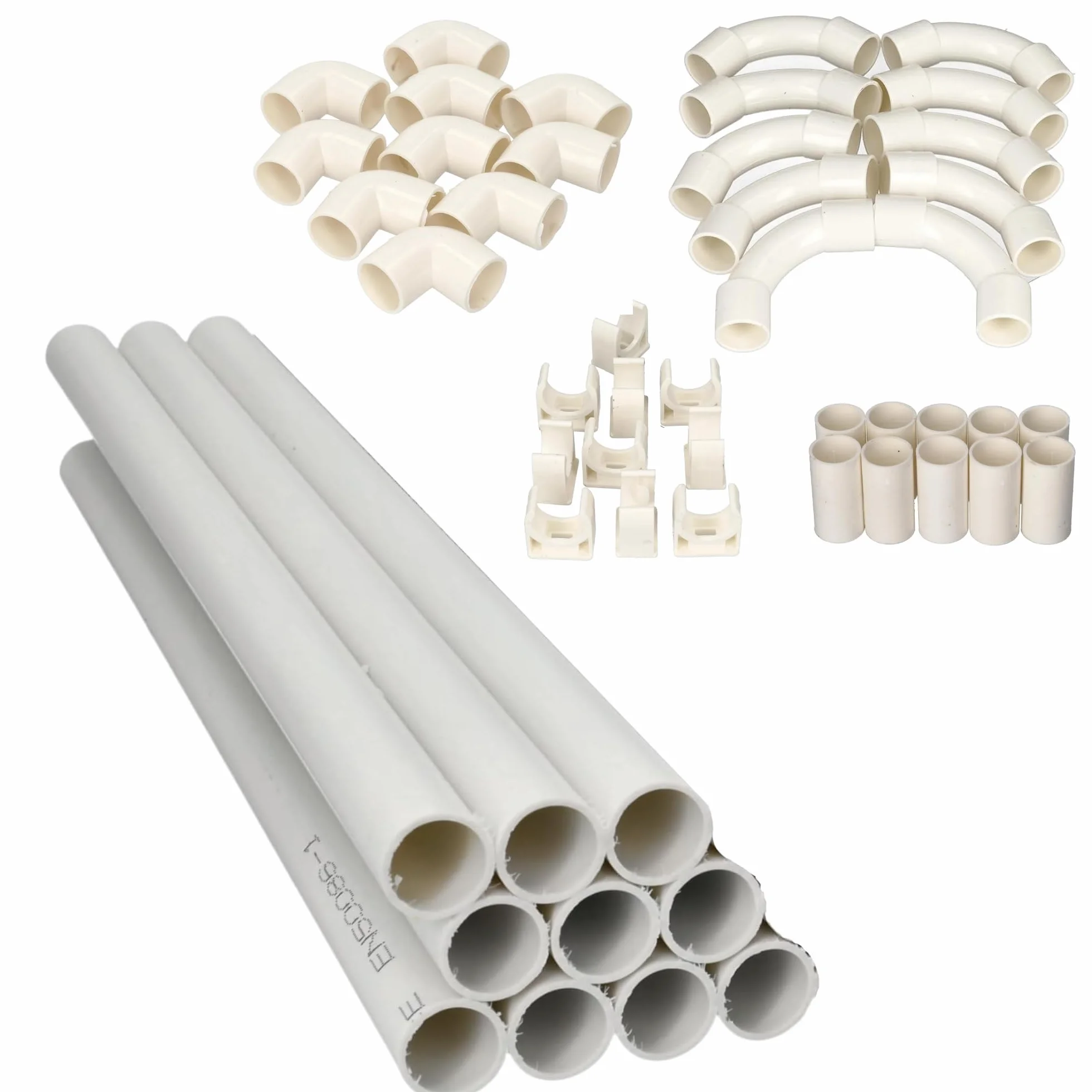 Jandei - Pack 10 uds. Tubo para Cables PVC Rígido Blanco Longitud 1 Metro. Diámetro 16 mm. Funda de Cable con Grapas de Sujección, Codo 90 Grados,Manguitos y Curvas de Empalme.