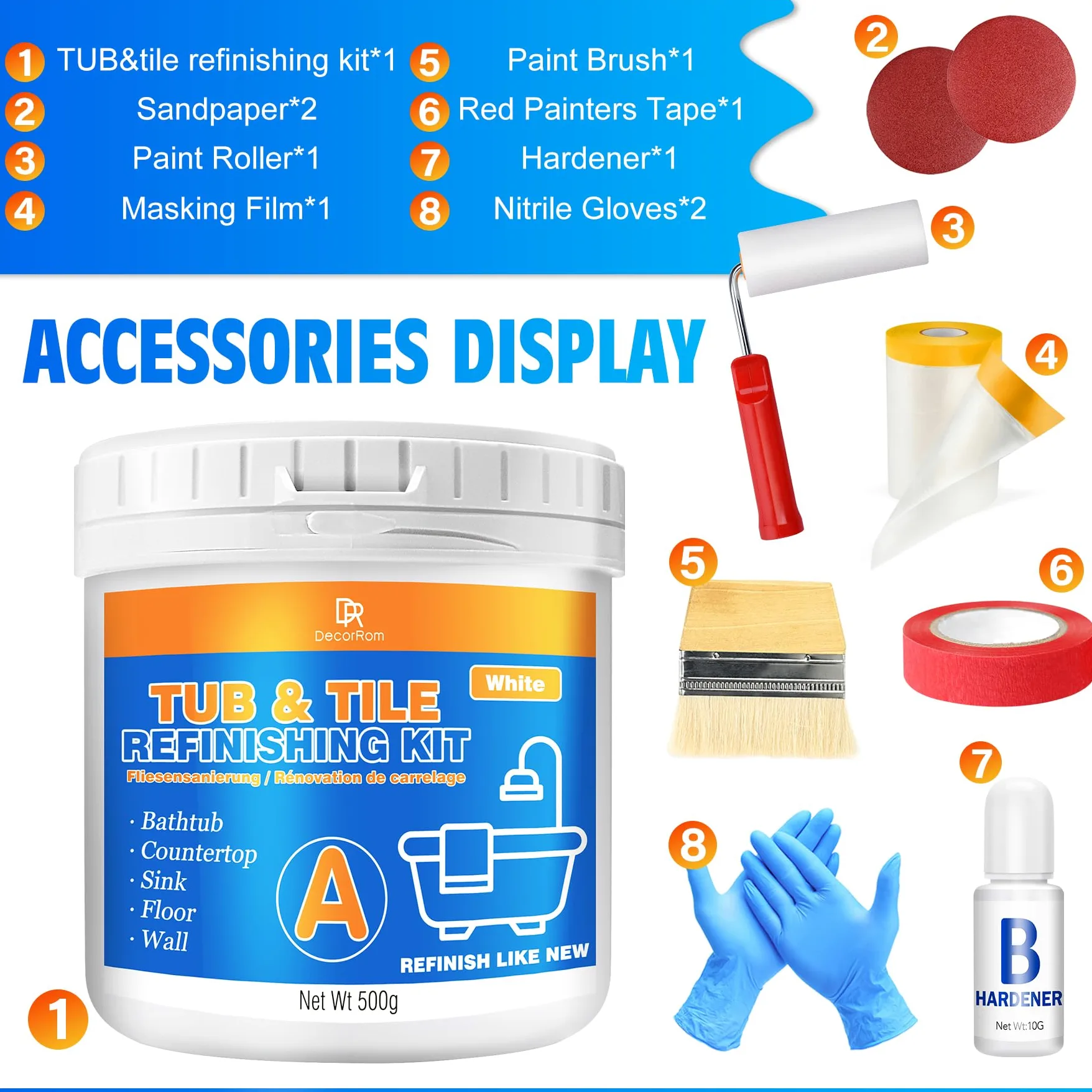 Pintura para bañera blanca de 500g, pintura para azulejos, azulejos de baño, plato de ducha kit de renovación de bañera y lavabo, baño impermeable y resistente a los arañazos con herramientas
