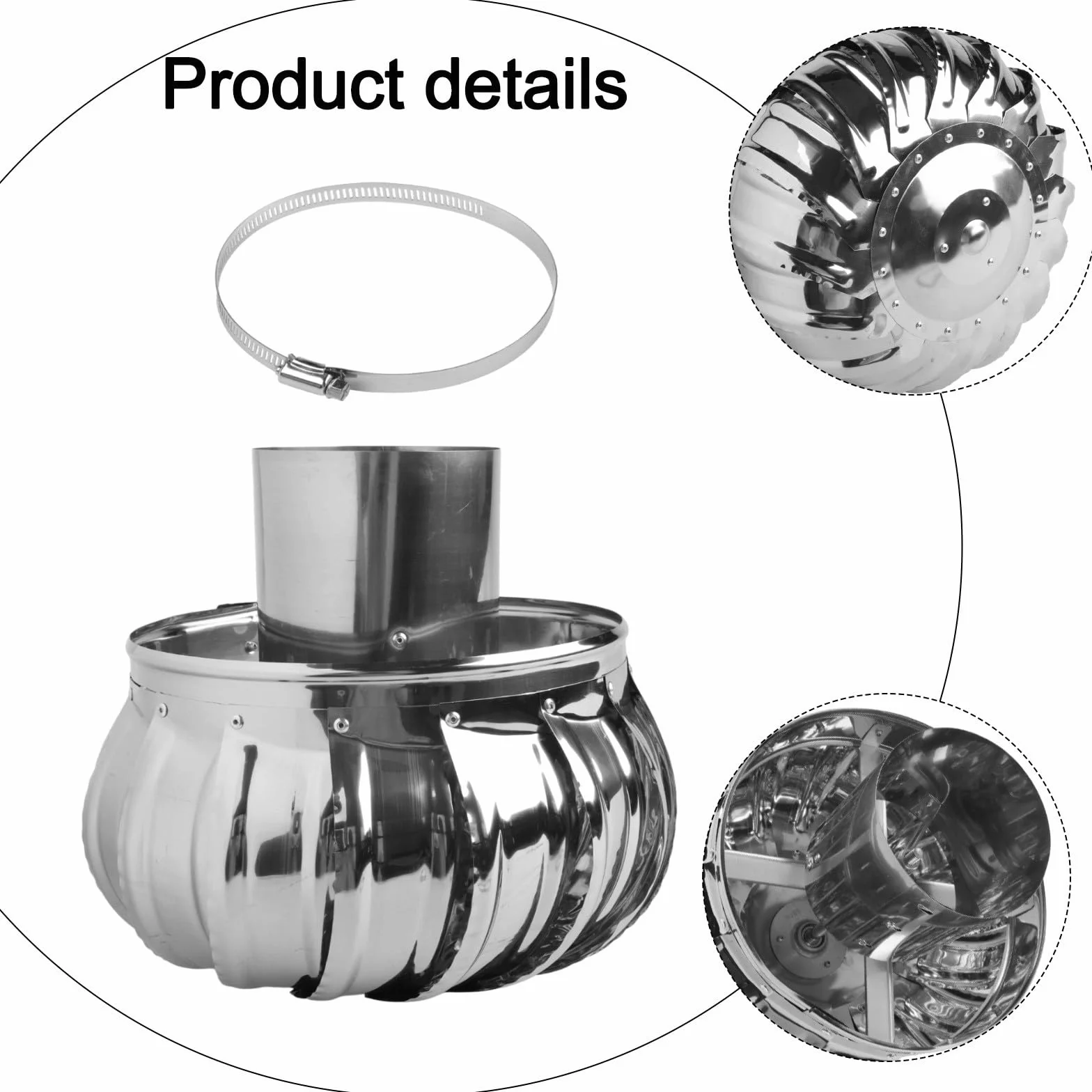 Ventilador de techo no alimentado de acero inoxidable 304 de 110 mm | Ventilación de aire de turbina impulsada por el viento para cocina, baño, escape de fábrica