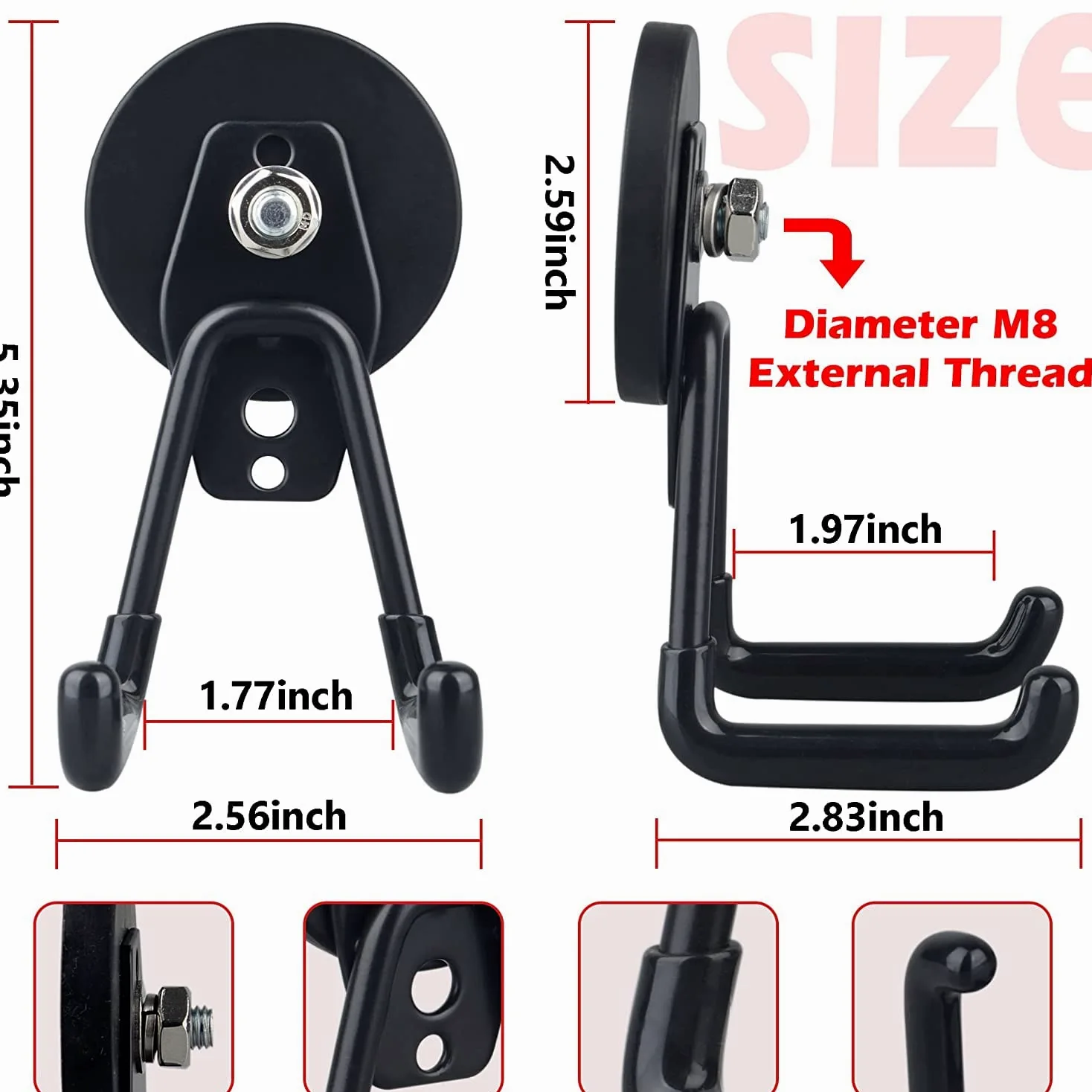 ULIBERMAG Ganchos magnéticos para garaje, juego de 2 ganchos magnéticos utilitarios de almacenamiento con revestimiento antideslizante para suspensión interior y exterior, color negro