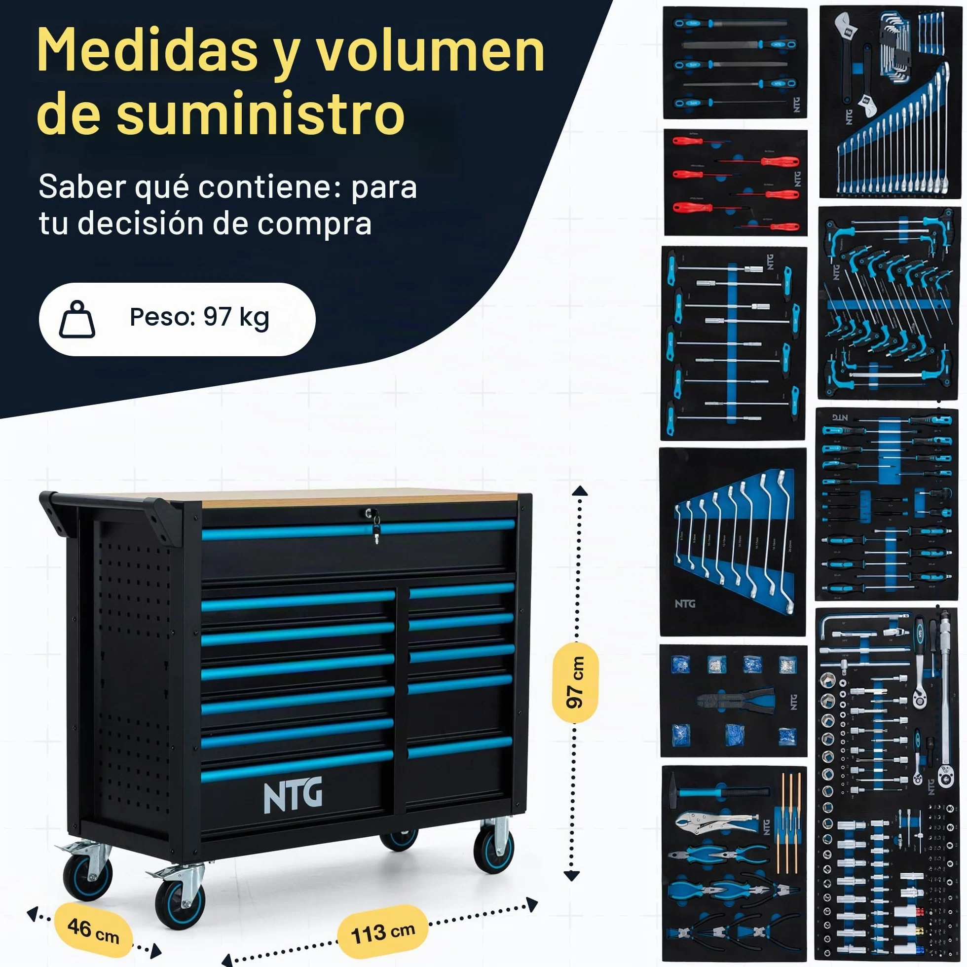 NTG Carro de herramientas XXL 471 piezas 12 cajones con tablero de trabajo de madera con llave móvil sobre ruedas Gabinete profesional de metal para garaje y taller