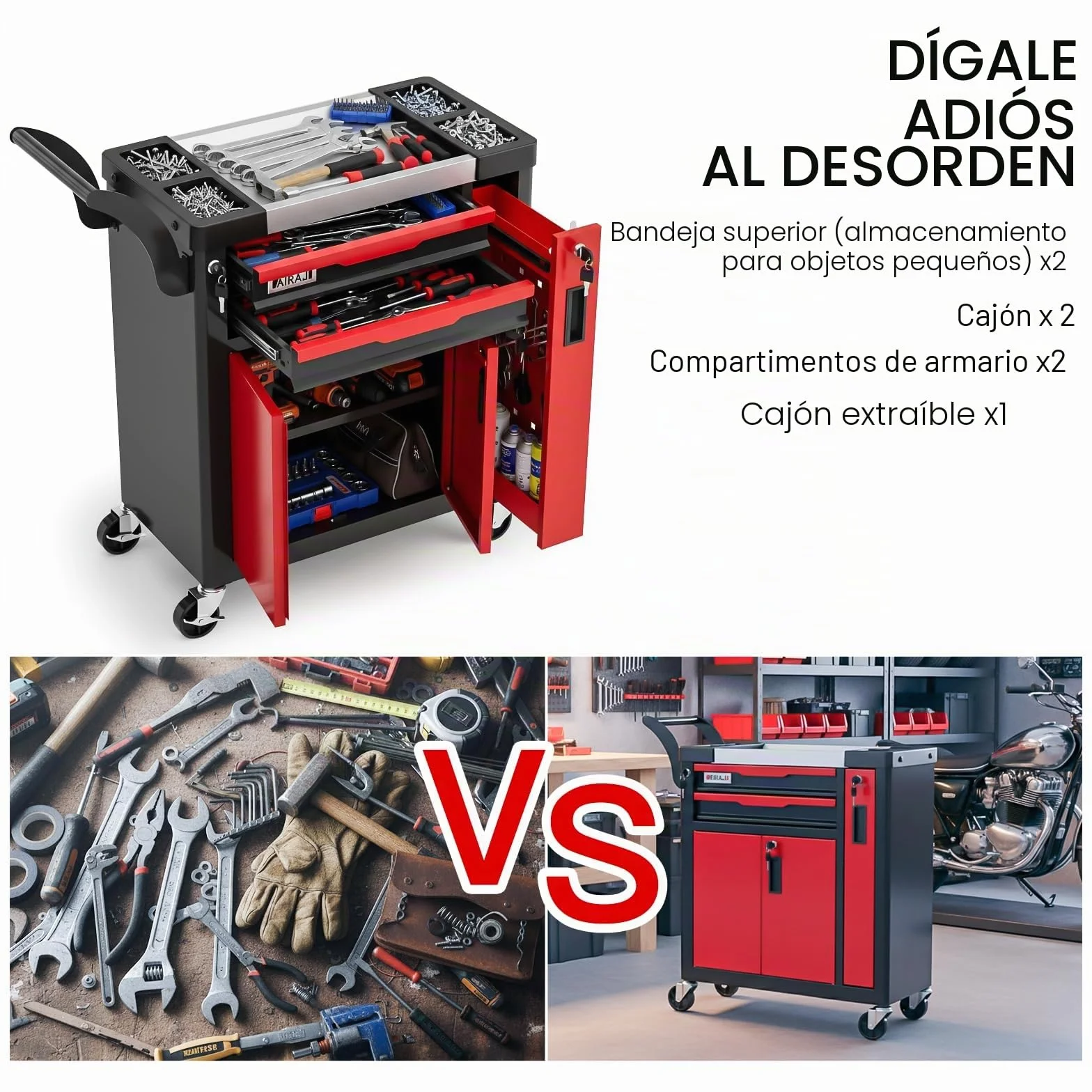 AIRAJ Carro Herramientas 2 Cassetti Grande Capacità Multiuso con Ruote Cassetto Laterale para Garage