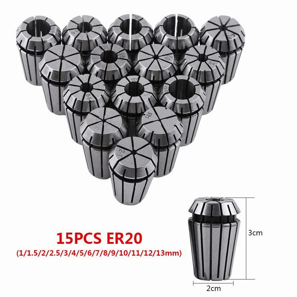 ER20 Collet Set, 15pcs Spring Collet Set Chuck Collet para herramienta de torno de fresado de grabado CNC 1-13mm