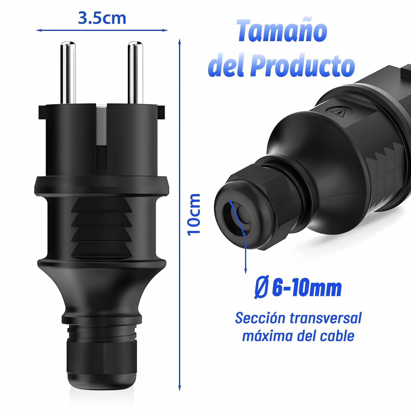 Enchufe de Schuko 250V 16A, Contacto Protector con Protección de Torsión, Clavija Macho, Negro