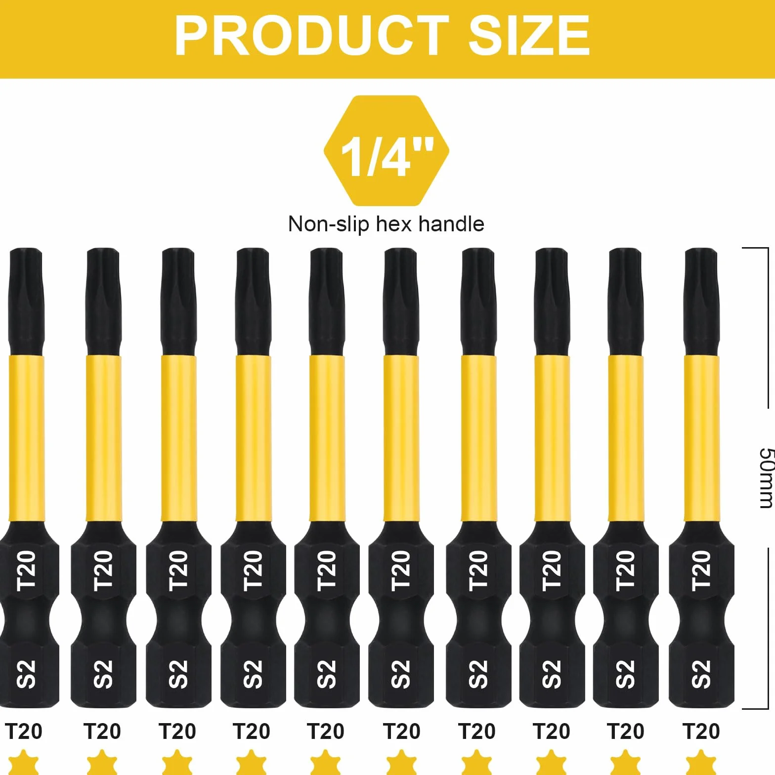 DAKCOS T20 Bit largo, Torx Bit T20, surtido de puntas de S2, punta de atornillado 1/4 vástago hexagonal (longitud 50 mm, 10 piezas)