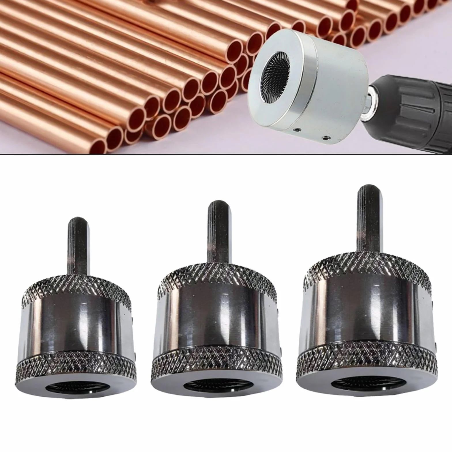 Limpiador de tuberías de cobre, juego de limpiador de tuberías de metal de 15 mm, 22 mm, 25 mm para taladro eléctrico, cepillo de limpieza de tubos de cobre, herramienta de desbarbado para