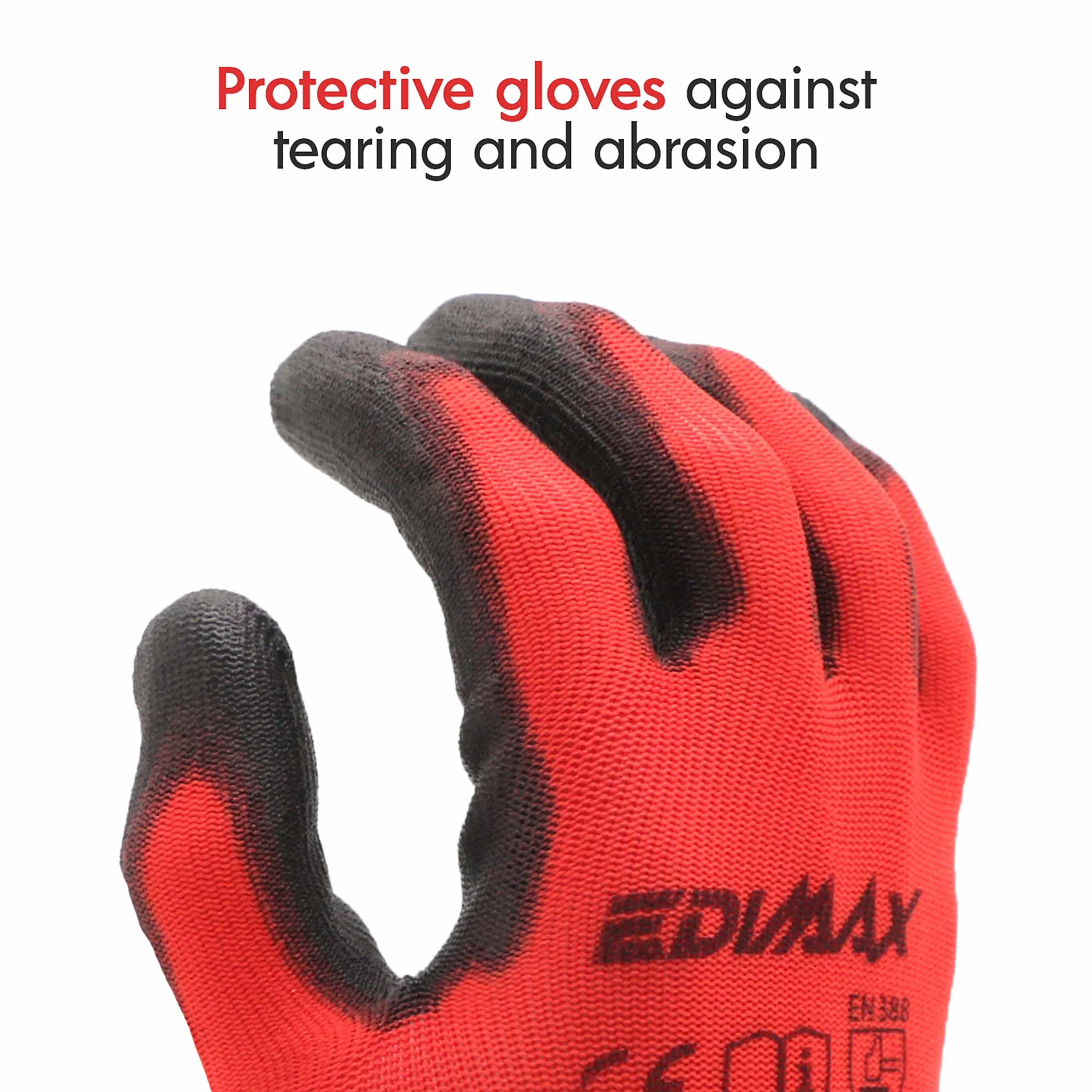 Guantes Trabajo EDIMAX Alta Resistencia Abrasión Desgarro Nivel 3 Recubrimiento Naylon PU Protección Mecánica Industrial 12 Pares