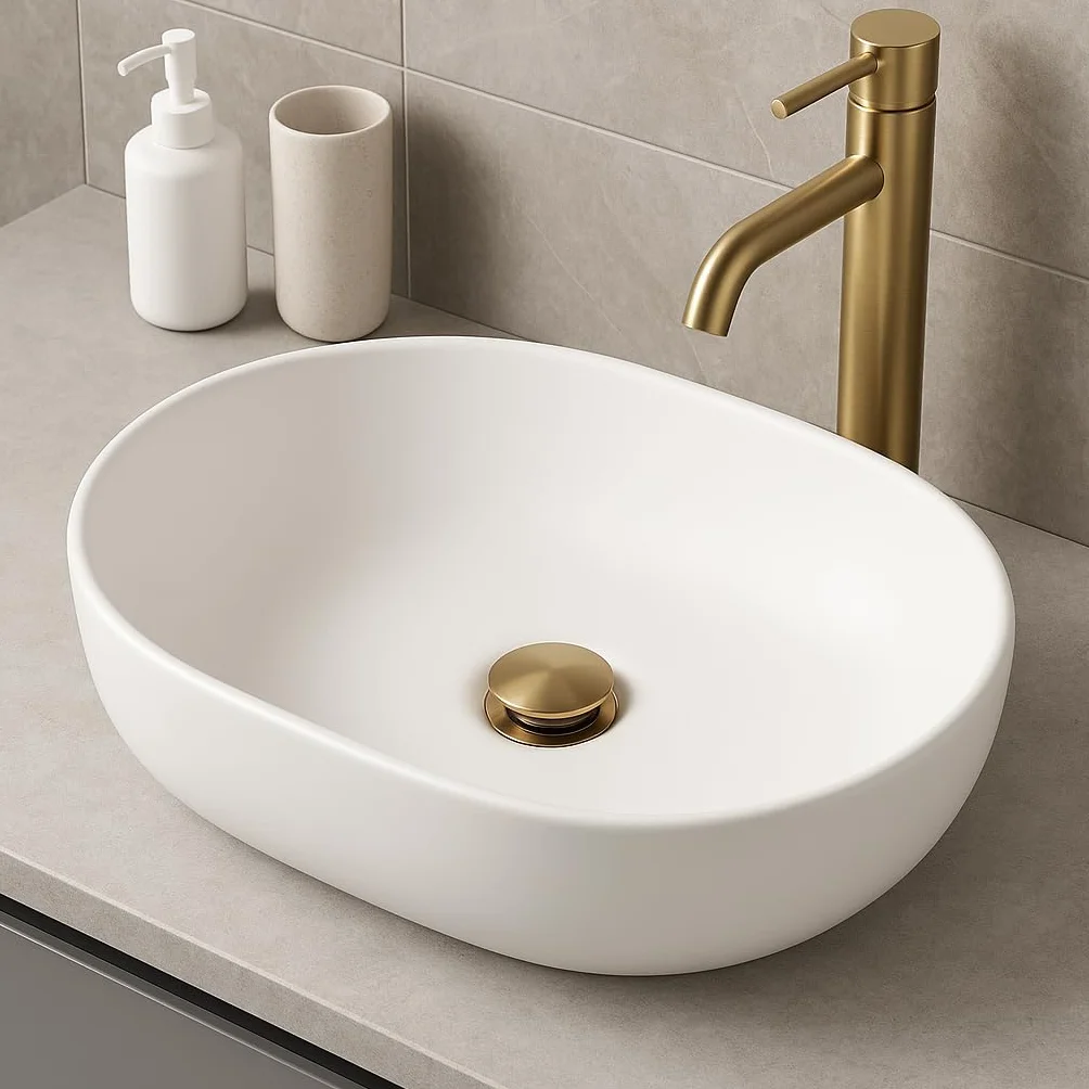 Mice - Valvula de Click Clack Apta para lavabos y bides Fácil instalación Tapones de Desagüe Lavabo, Universal con o sin Rebosadero, Pop-Up Oro Cepillado-VCC014