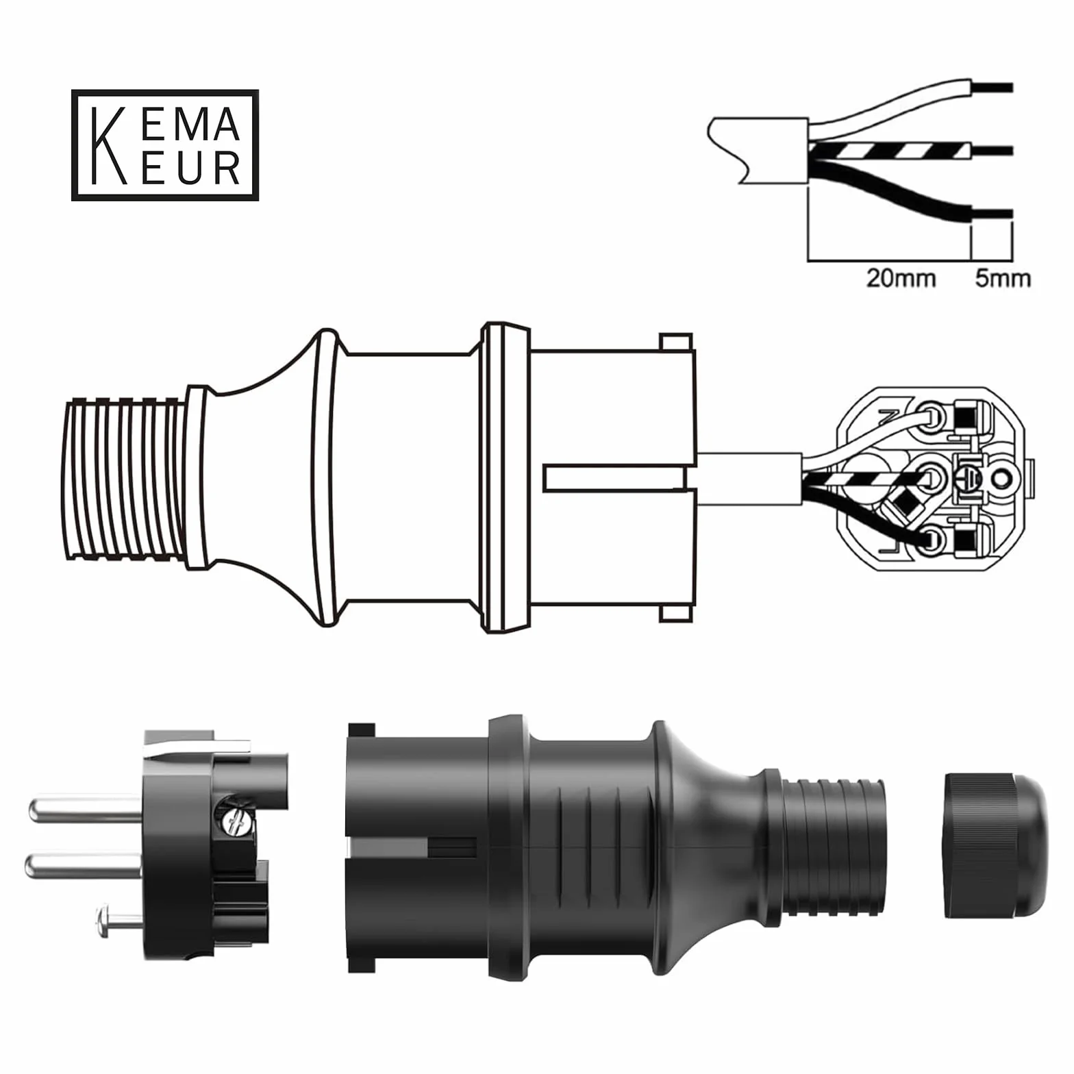 Enchufe de Schuko 250V 16A, Contacto Protector con Protección de Torsión, Clavija Macho, Negro